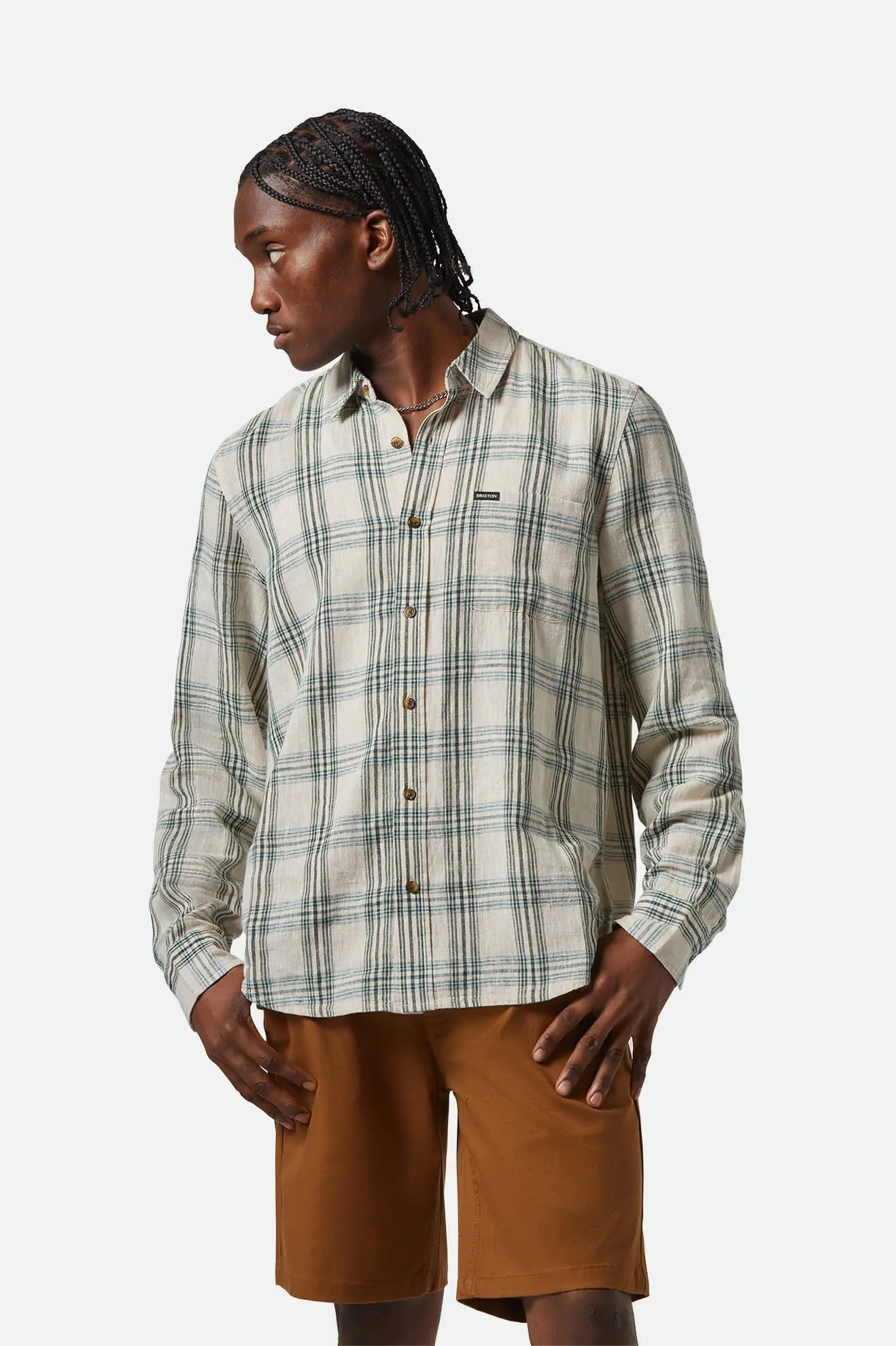 Charter Linen Blend L/S Shirt - Off White/Ivy Green Plaid