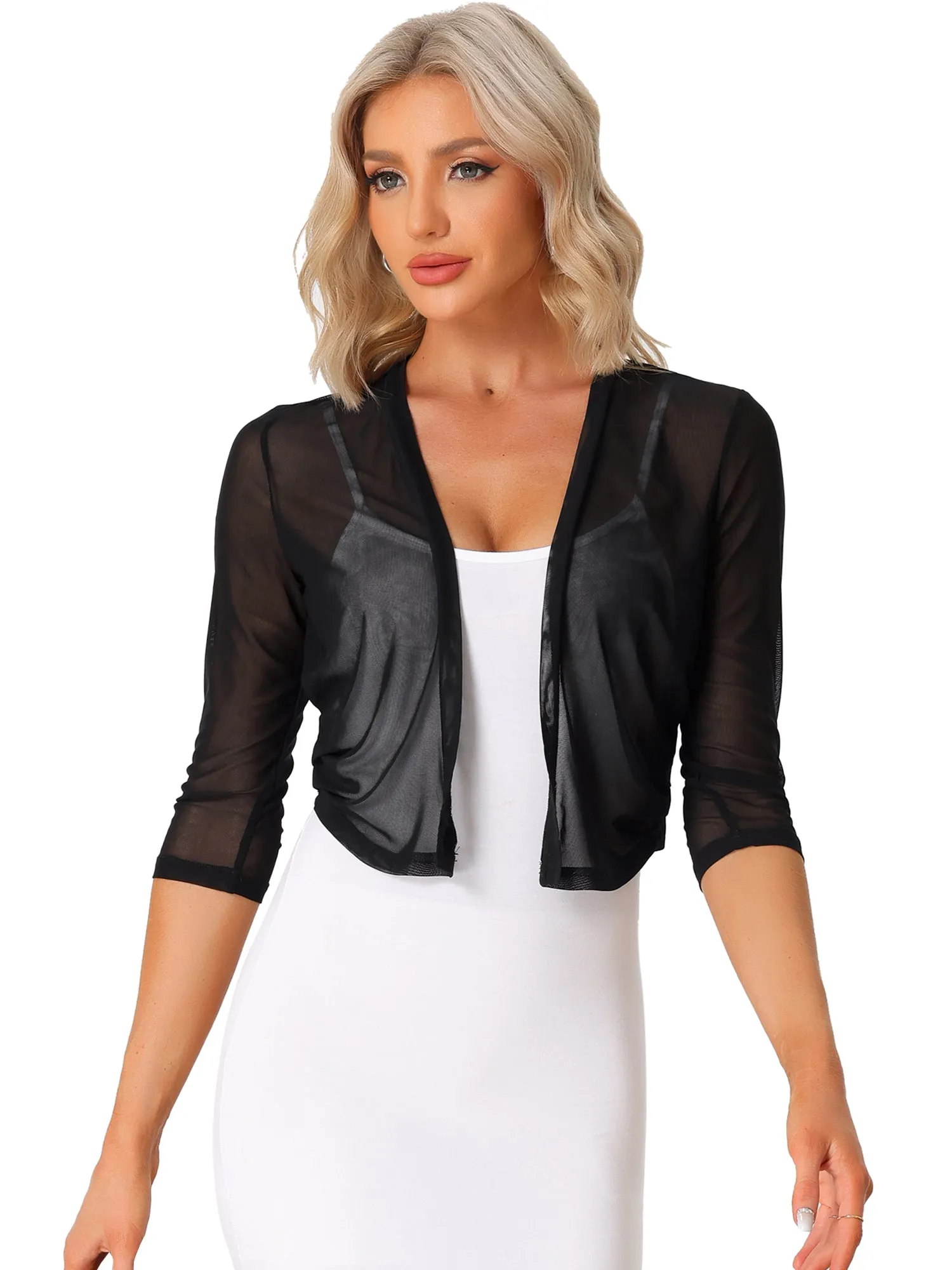 Chiffon 3/4 Sleeve Open Front Bolero Mesh Sheer Shrug