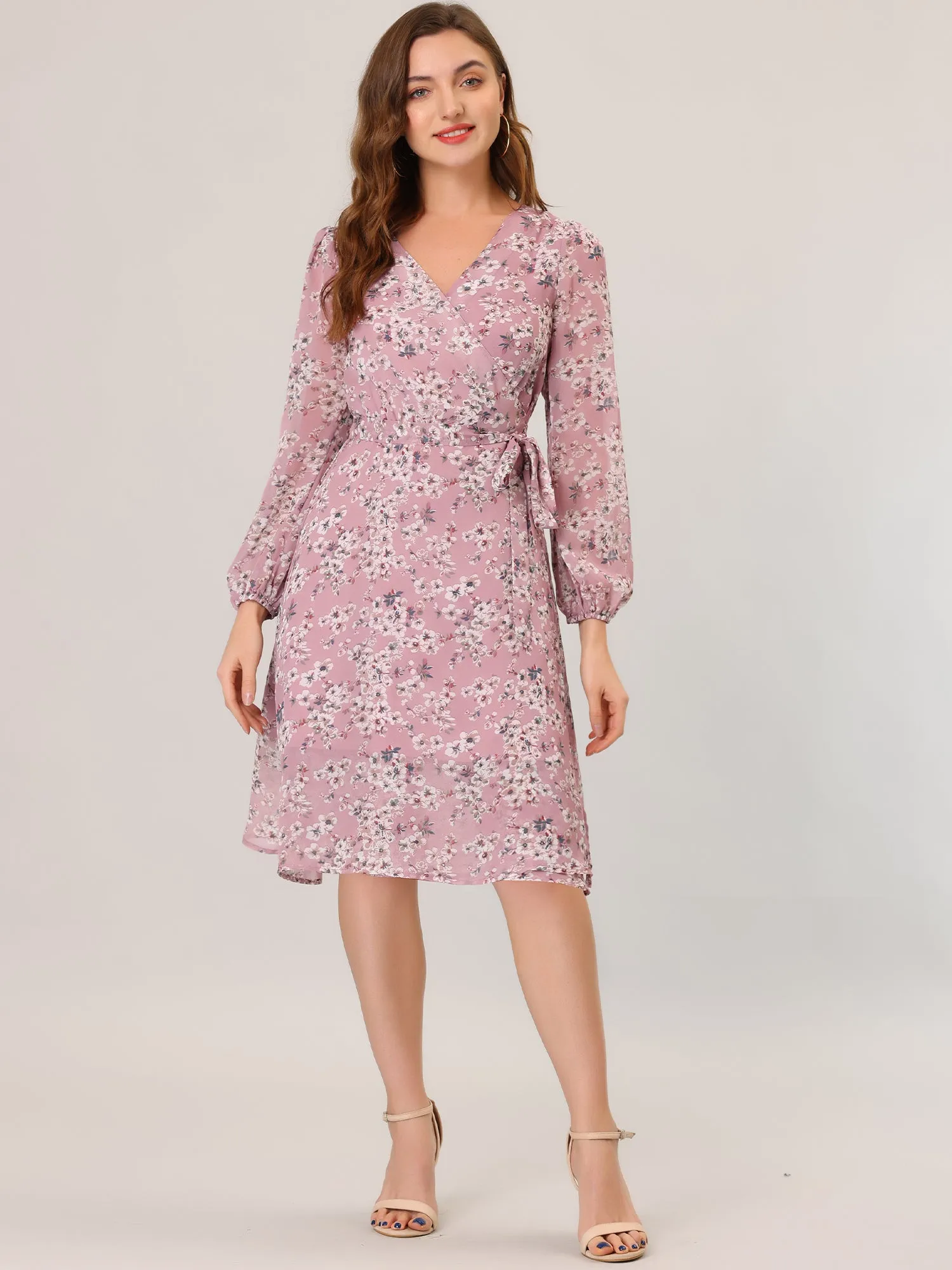 Chiffon Floral V Neck Tie Waist Bishop Sleeve Casual Wrap Midi Dress