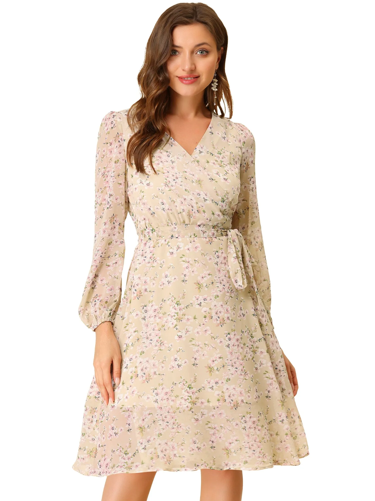 Chiffon Floral V Neck Tie Waist Bishop Sleeve Casual Wrap Midi Dress
