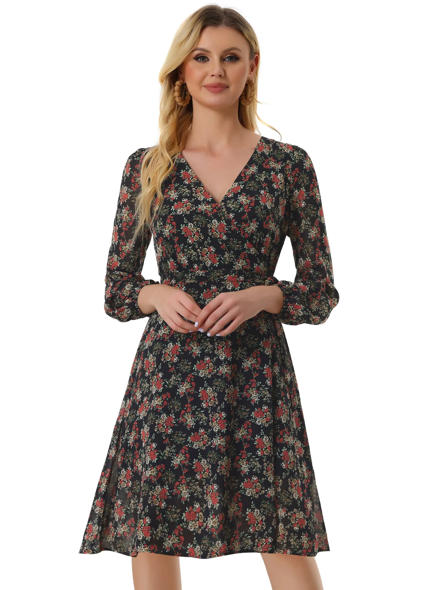 Chiffon Floral V Neck Tie Waist Bishop Sleeve Casual Wrap Midi Dress