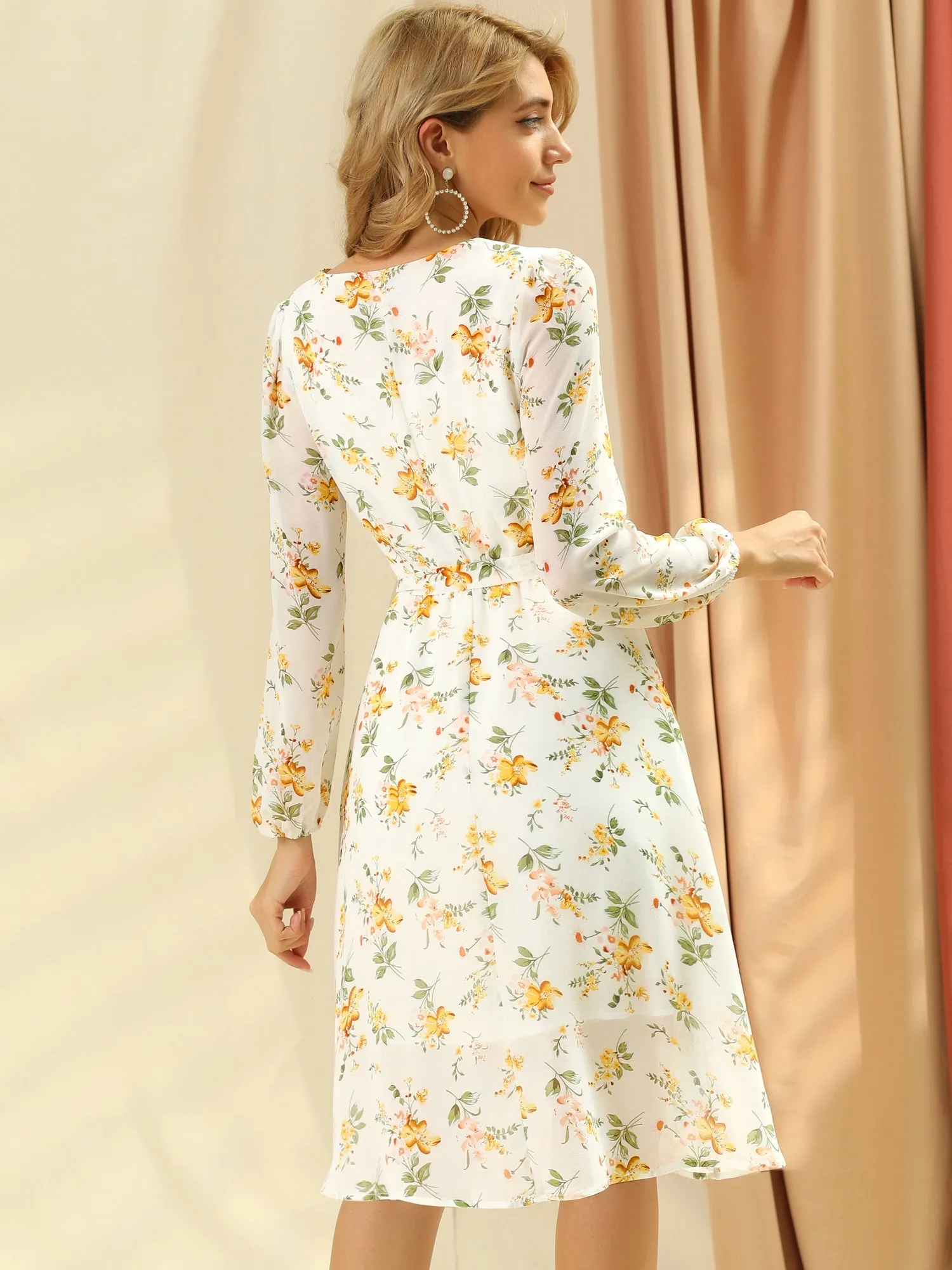 Chiffon Floral V Neck Tie Waist Bishop Sleeve Casual Wrap Midi Dress