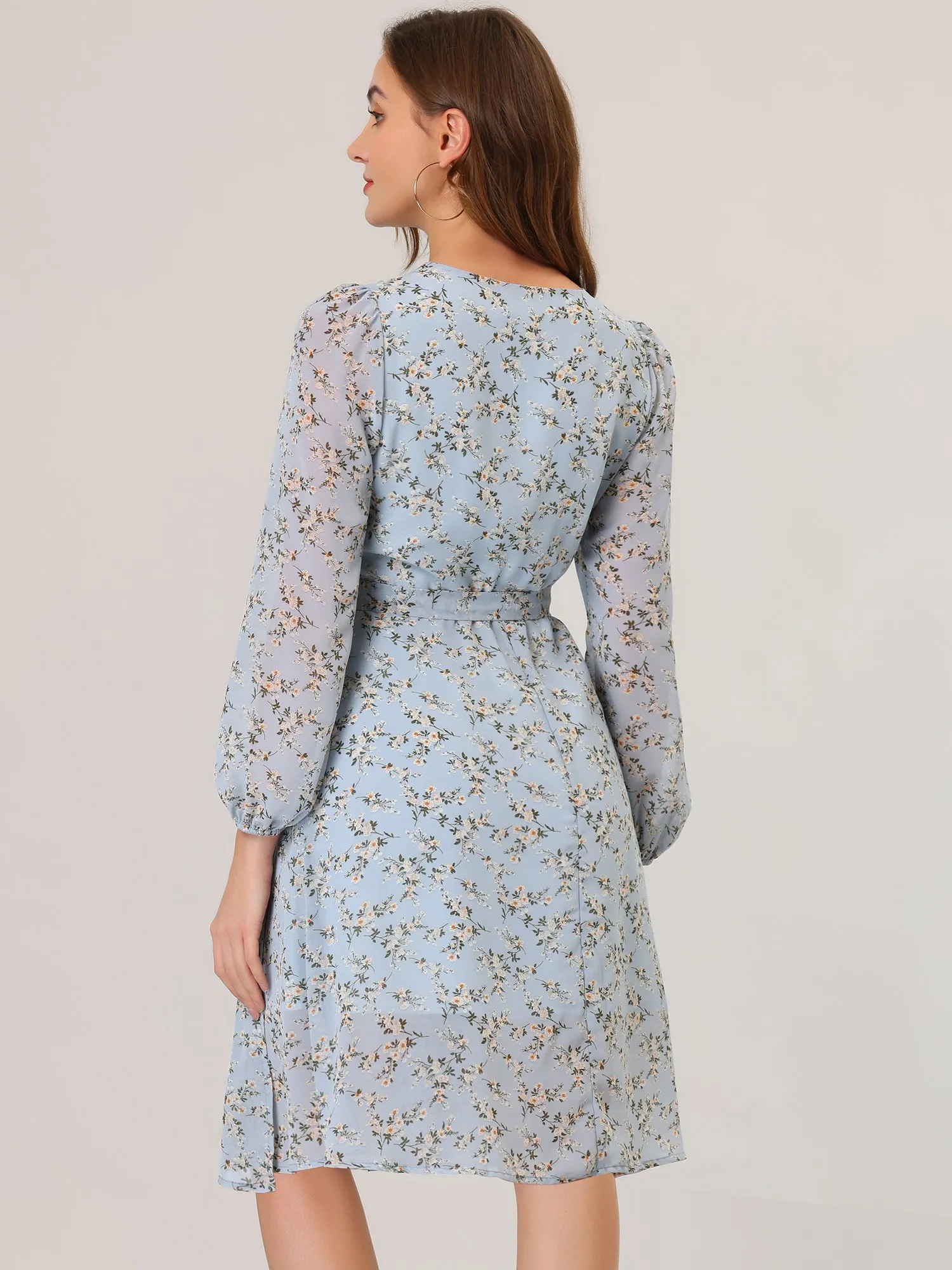 Chiffon Floral V Neck Tie Waist Bishop Sleeve Casual Wrap Midi Dress
