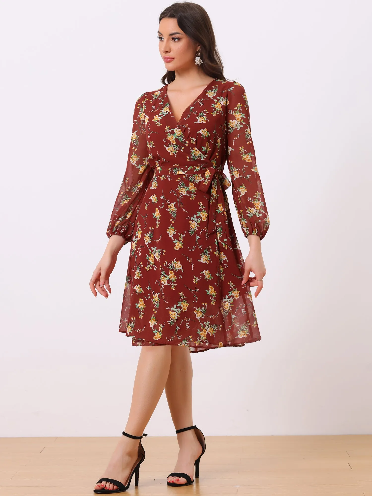 Chiffon Floral V Neck Tie Waist Bishop Sleeve Casual Wrap Midi Dress