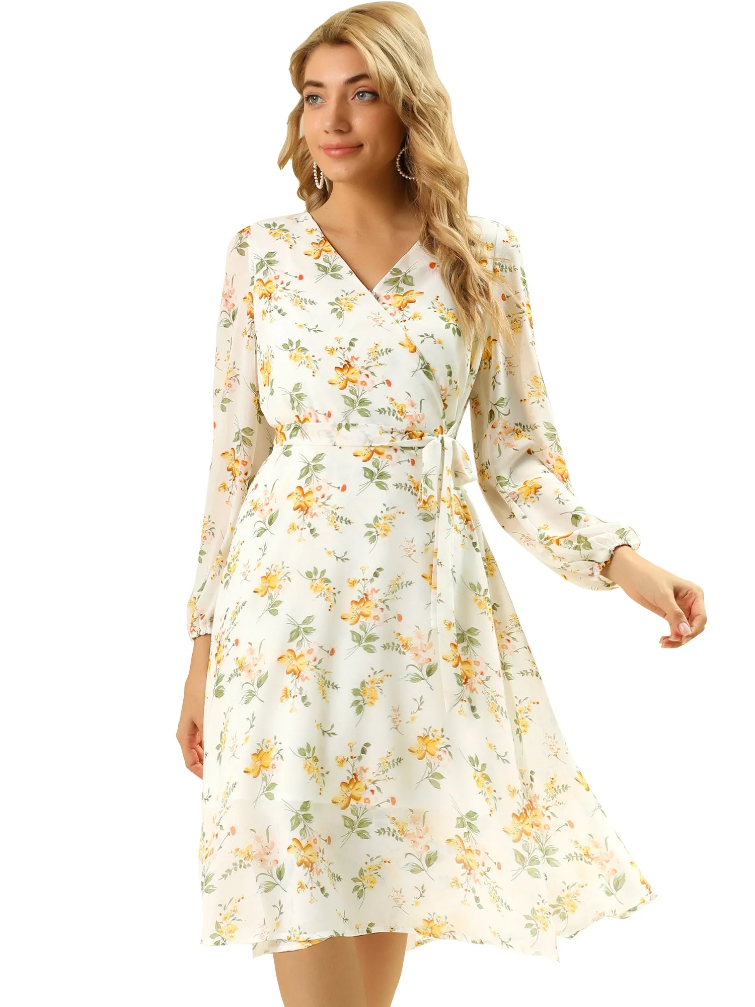 Chiffon Floral V Neck Tie Waist Bishop Sleeve Casual Wrap Midi Dress
