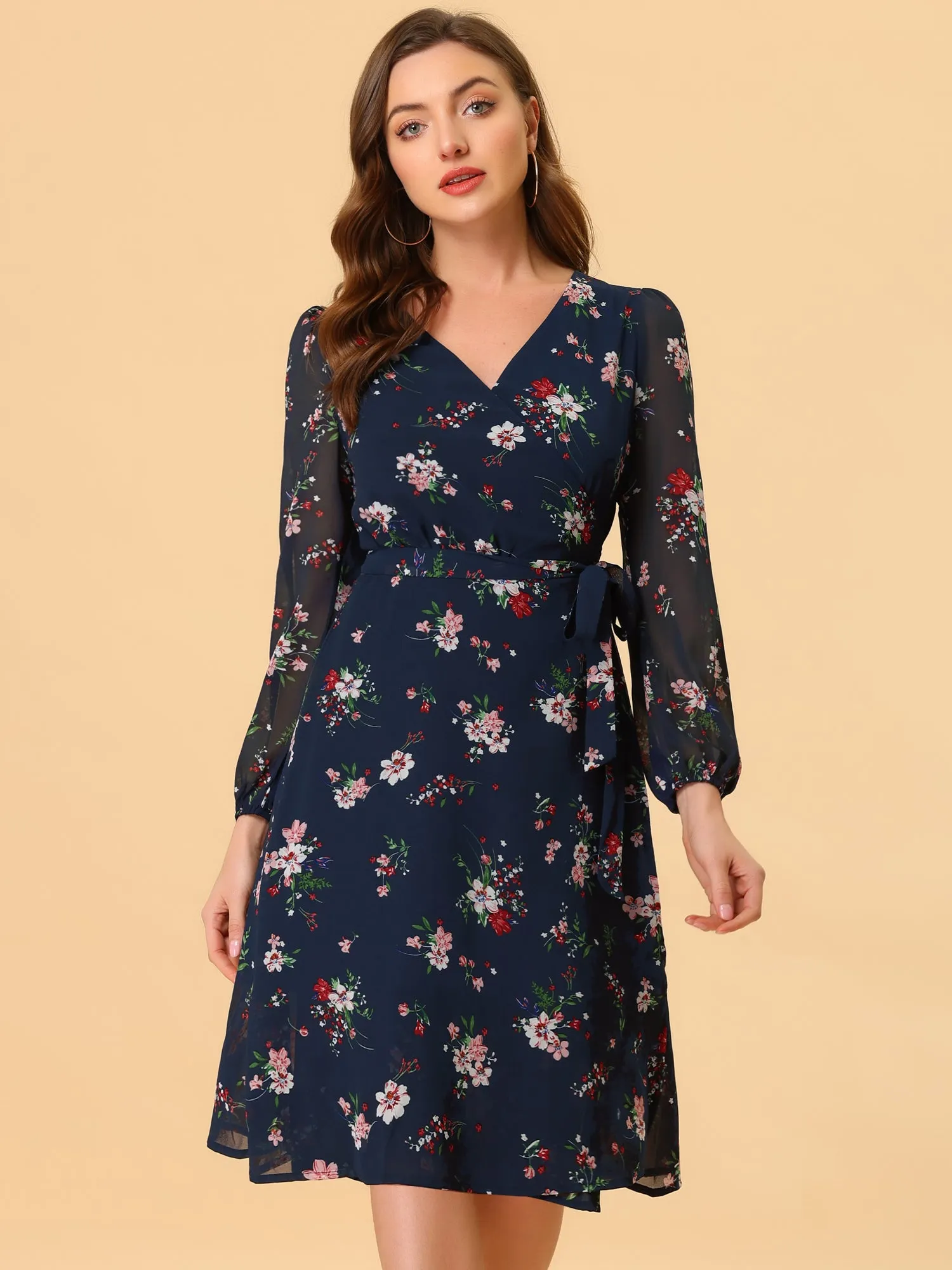 Chiffon Floral V Neck Tie Waist Bishop Sleeve Casual Wrap Midi Dress