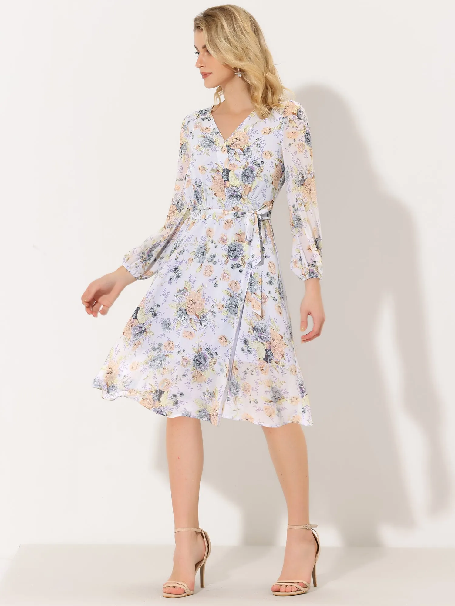 Chiffon Floral V Neck Tie Waist Bishop Sleeve Casual Wrap Midi Dress
