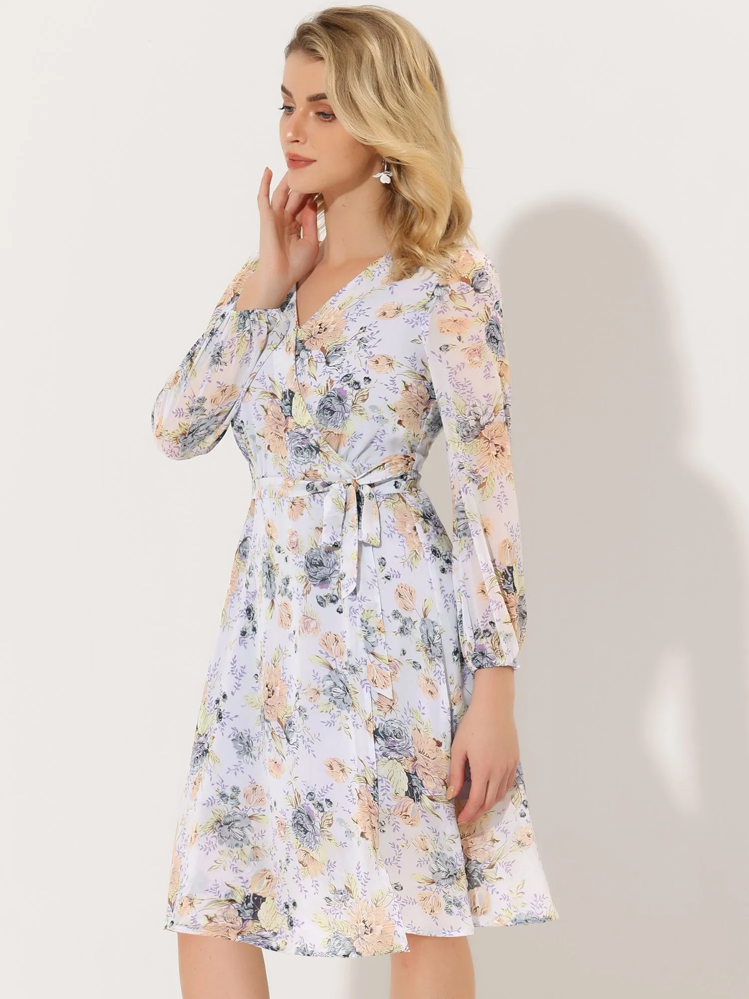 Chiffon Floral V Neck Tie Waist Bishop Sleeve Casual Wrap Midi Dress