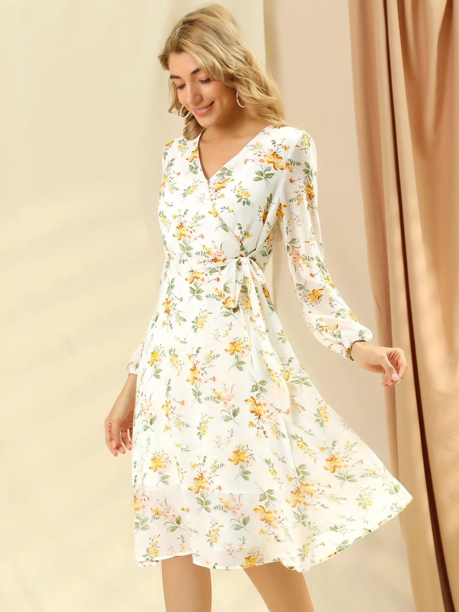 Chiffon Floral V Neck Tie Waist Bishop Sleeve Casual Wrap Midi Dress