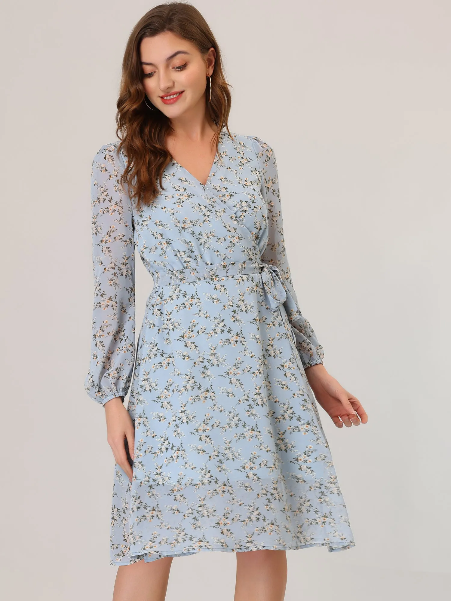 Chiffon Floral V Neck Tie Waist Bishop Sleeve Casual Wrap Midi Dress