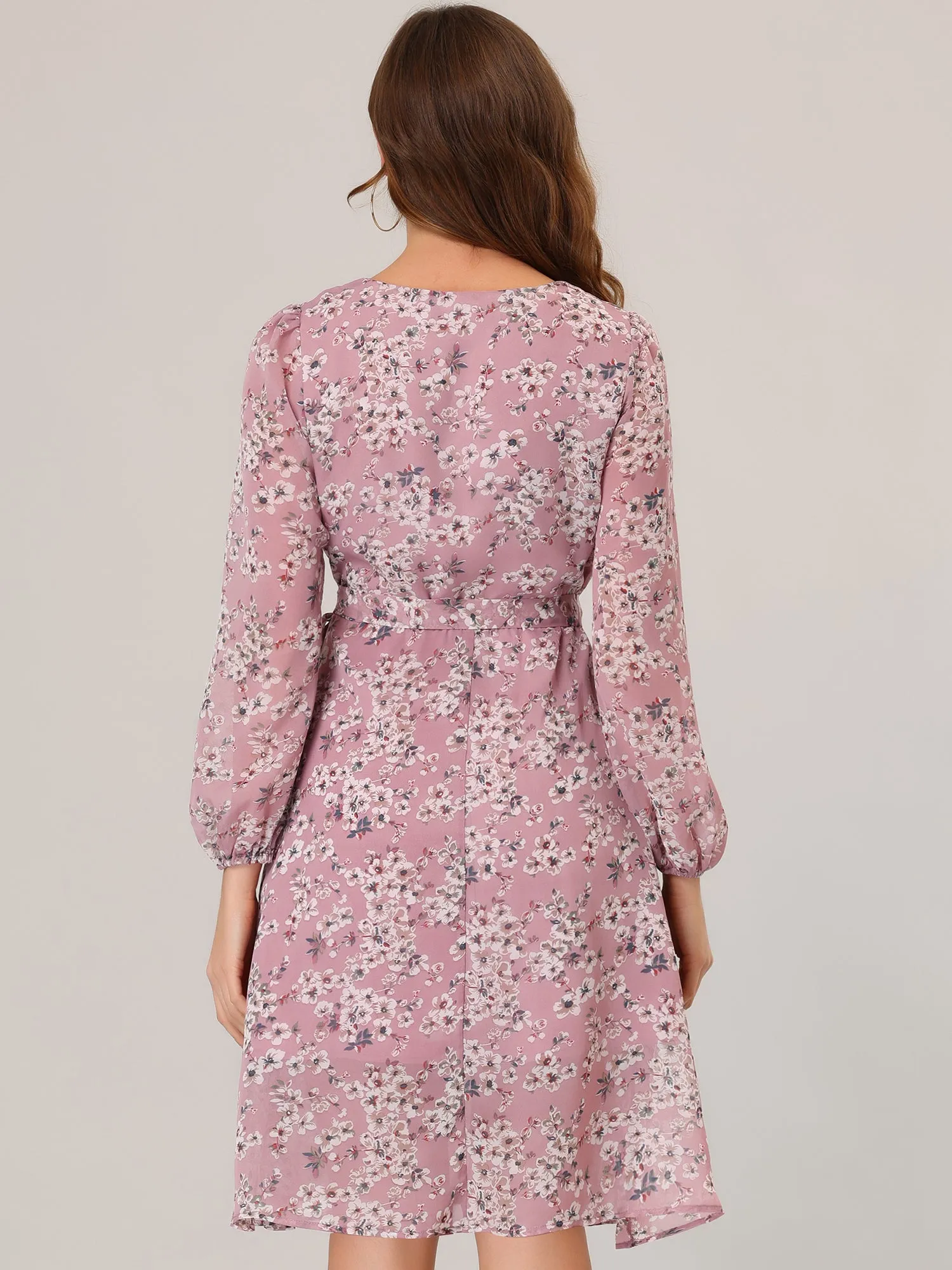 Chiffon Floral V Neck Tie Waist Bishop Sleeve Casual Wrap Midi Dress