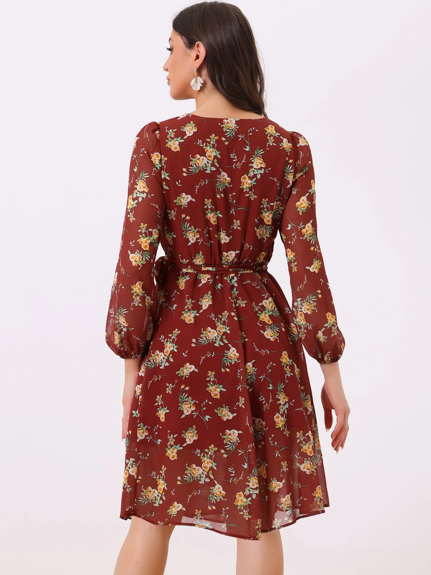 Chiffon Floral V Neck Tie Waist Bishop Sleeve Casual Wrap Midi Dress
