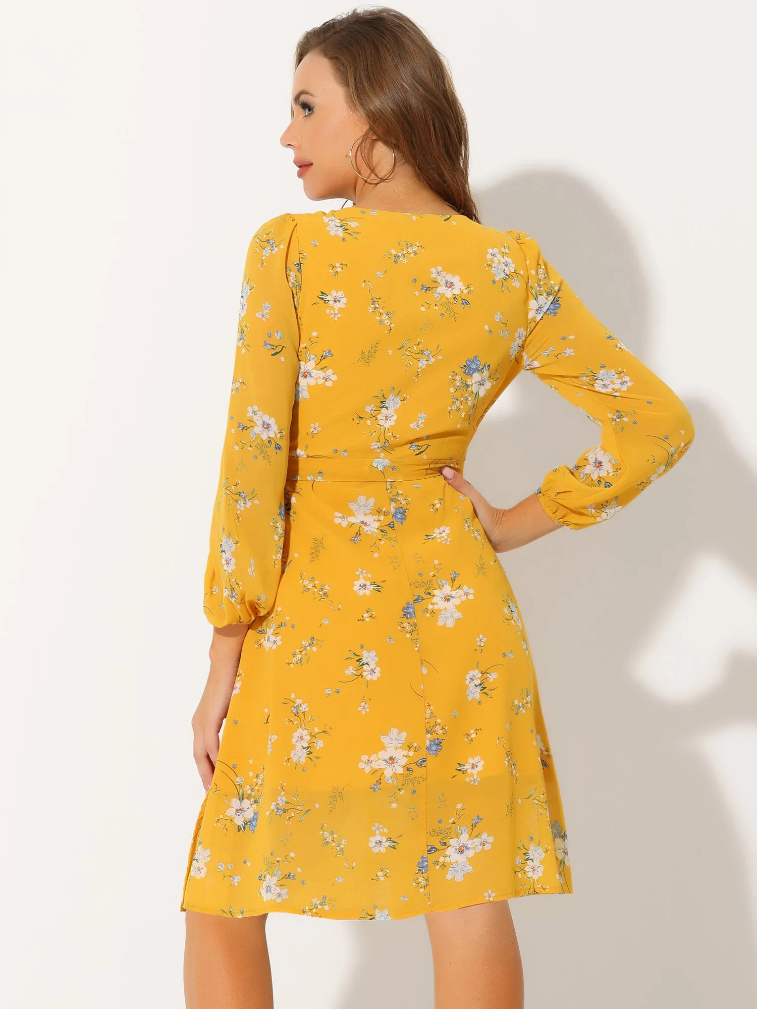 Chiffon Floral V Neck Tie Waist Bishop Sleeve Casual Wrap Midi Dress