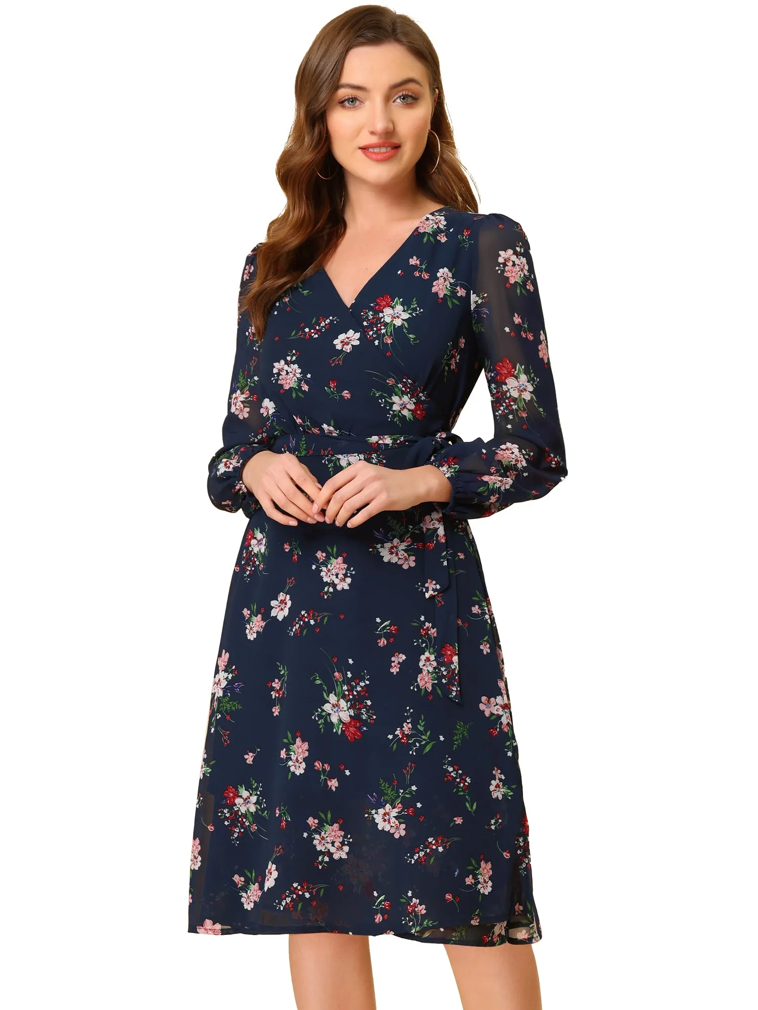 Chiffon Floral V Neck Tie Waist Bishop Sleeve Casual Wrap Midi Dress