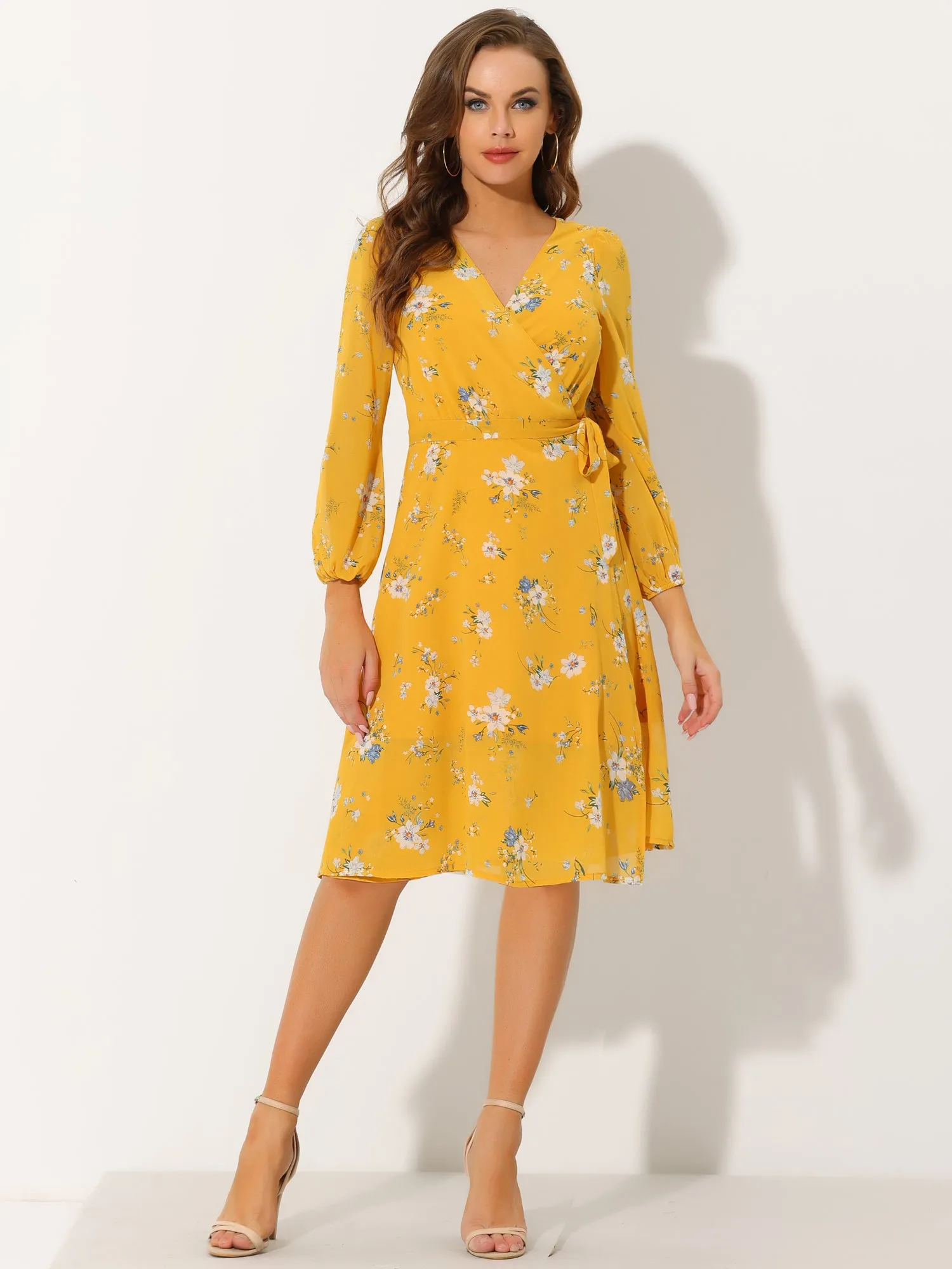 Chiffon Floral V Neck Tie Waist Bishop Sleeve Casual Wrap Midi Dress