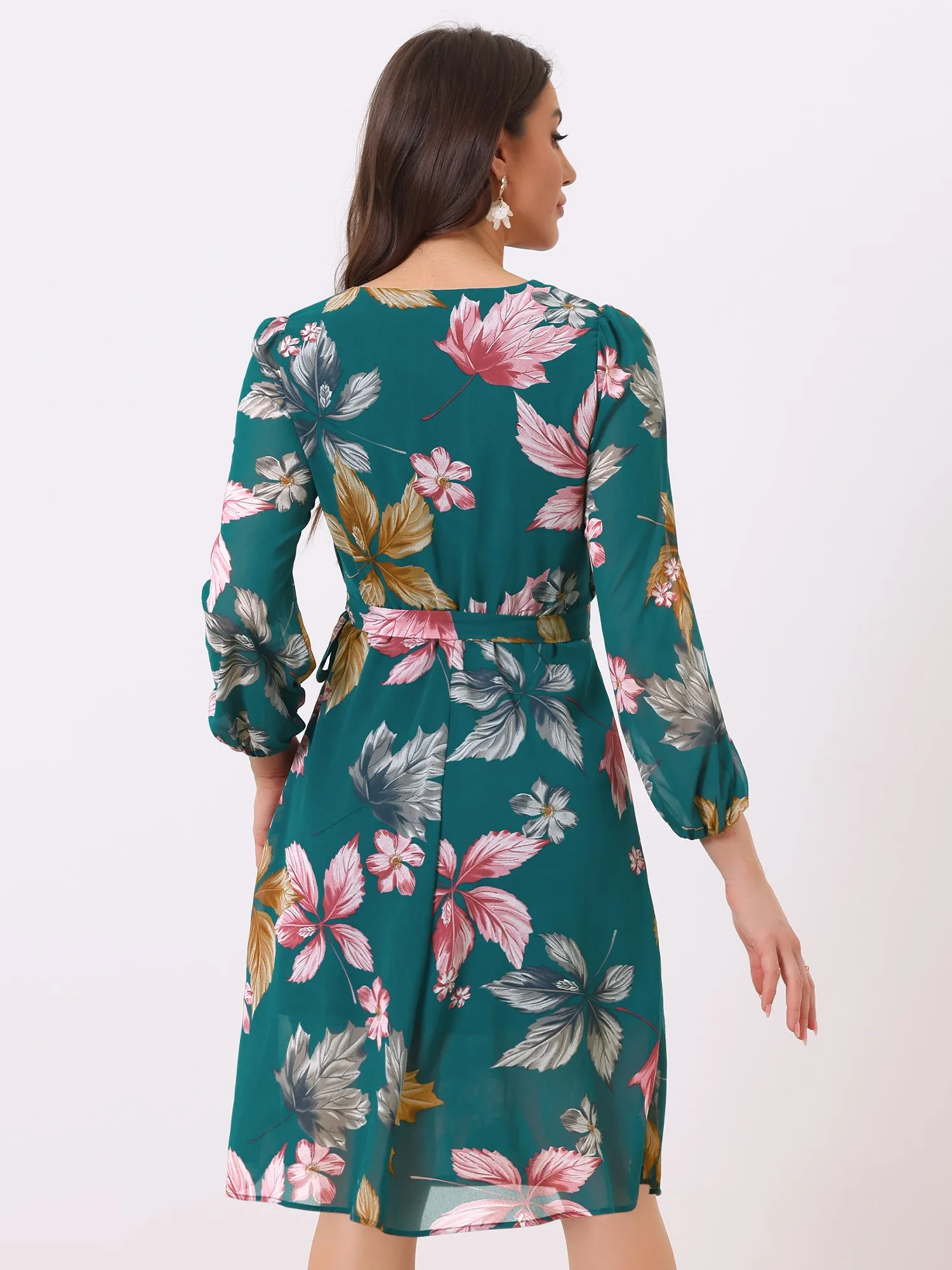 Chiffon Floral V Neck Tie Waist Bishop Sleeve Casual Wrap Midi Dress