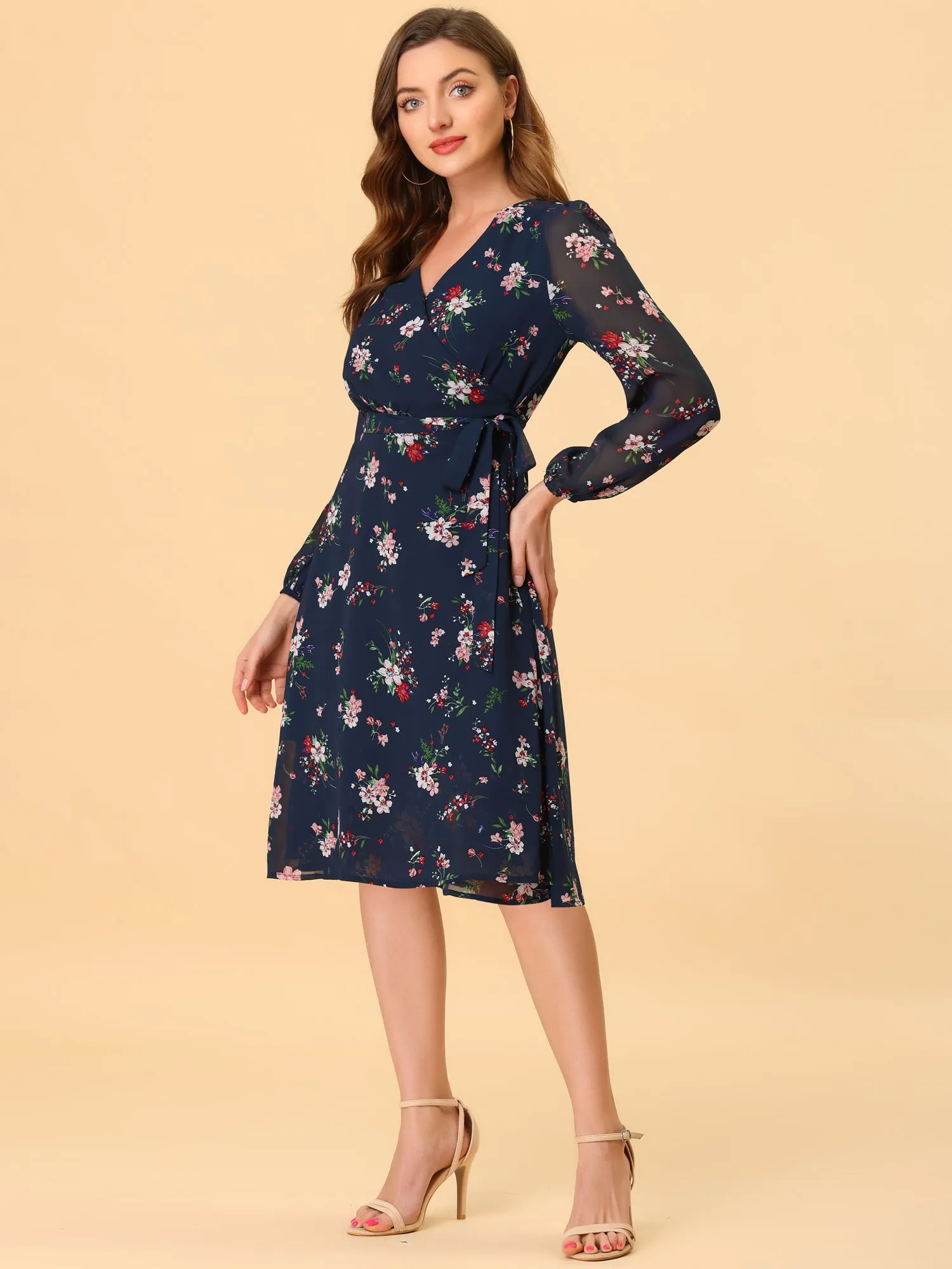 Chiffon Floral V Neck Tie Waist Bishop Sleeve Casual Wrap Midi Dress