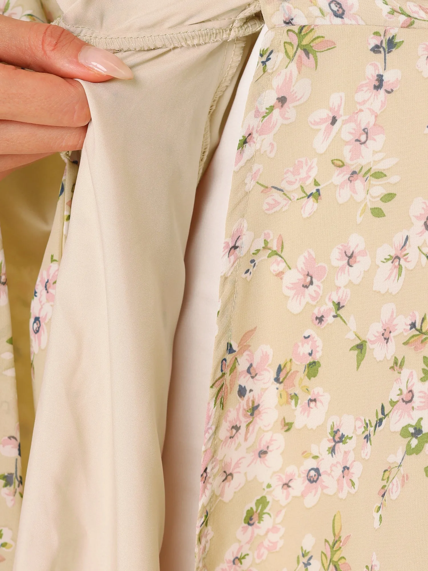 Chiffon Floral V Neck Tie Waist Bishop Sleeve Casual Wrap Midi Dress