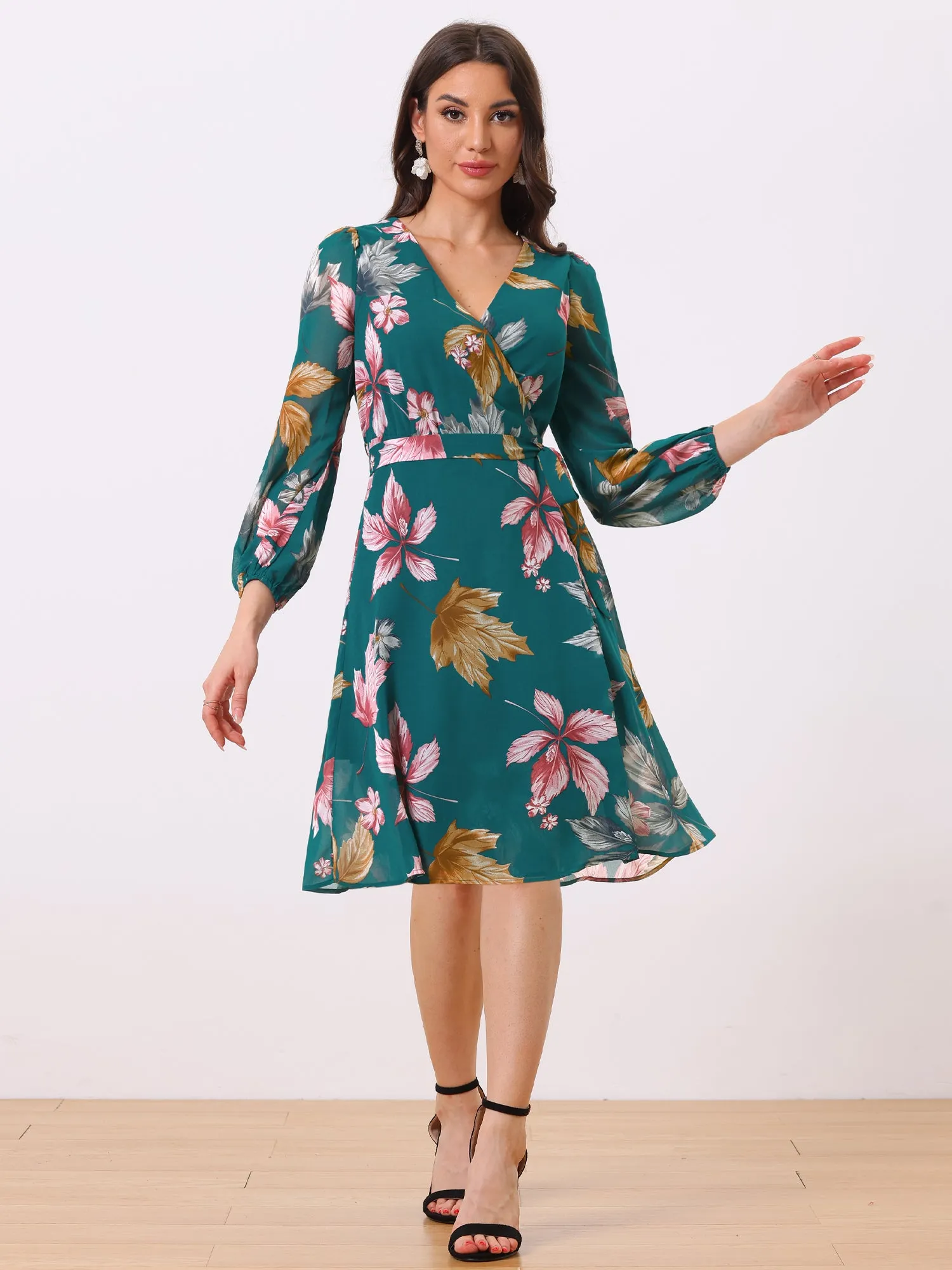 Chiffon Floral V Neck Tie Waist Bishop Sleeve Casual Wrap Midi Dress