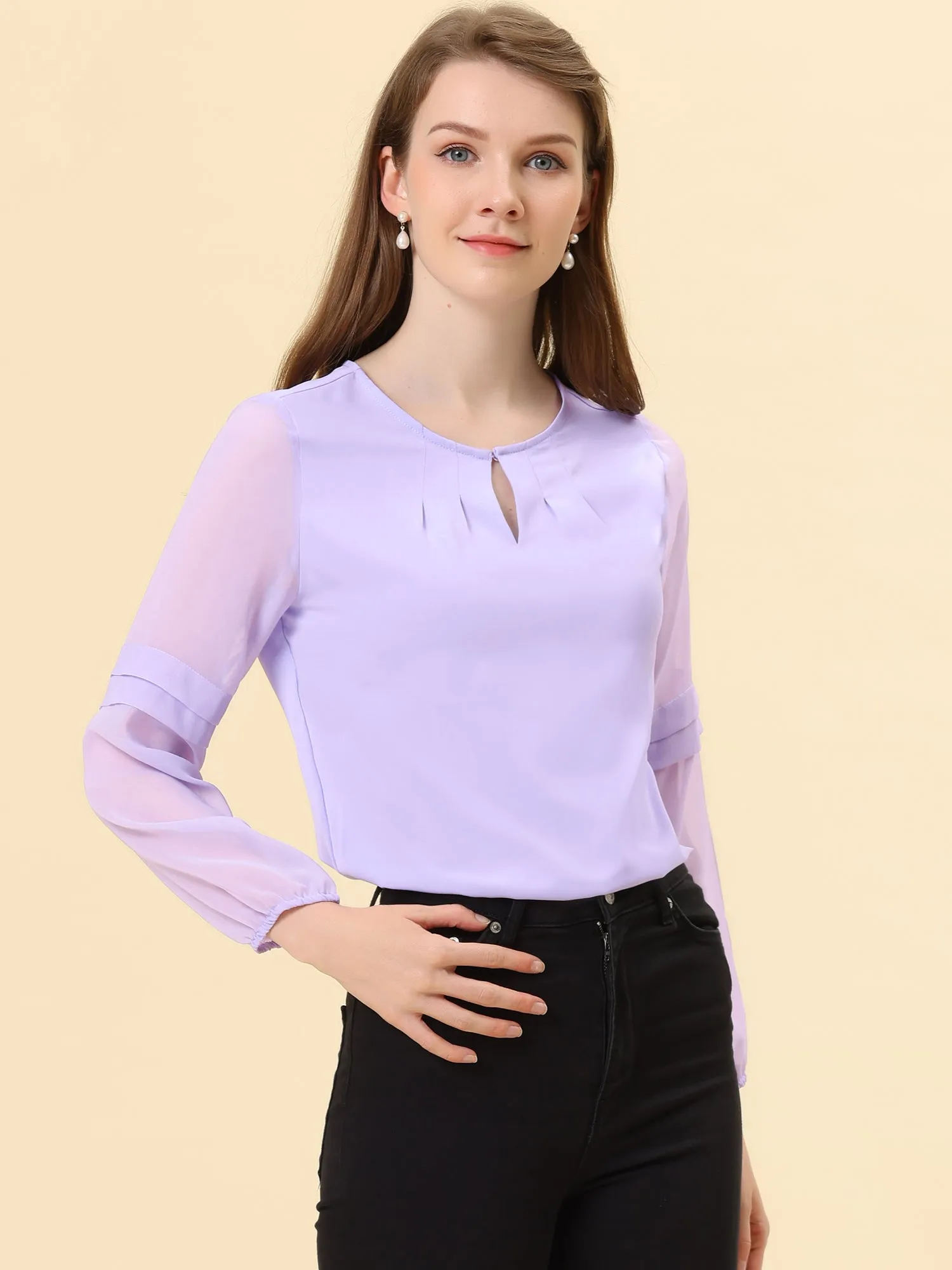 Chiffon Shirt Semi Sheer Keyhole Neck Elegant Blouse