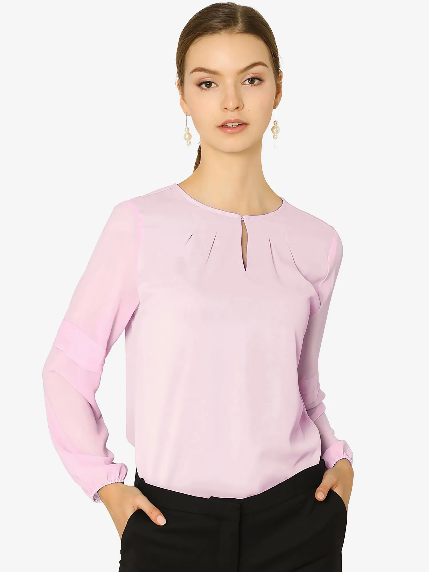 Chiffon Shirt Semi Sheer Keyhole Neck Elegant Blouse
