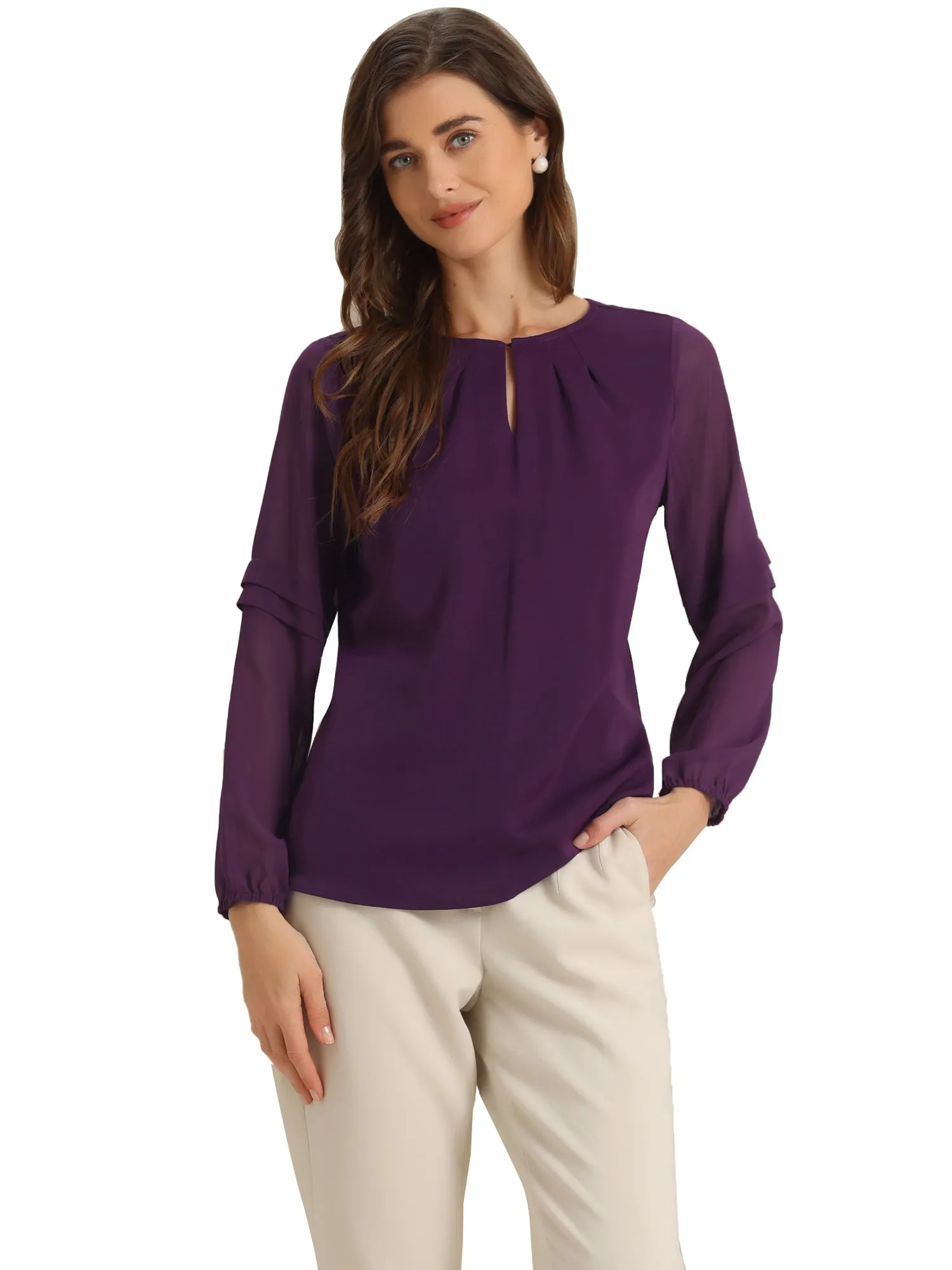 Chiffon Shirt Semi Sheer Keyhole Neck Elegant Blouse