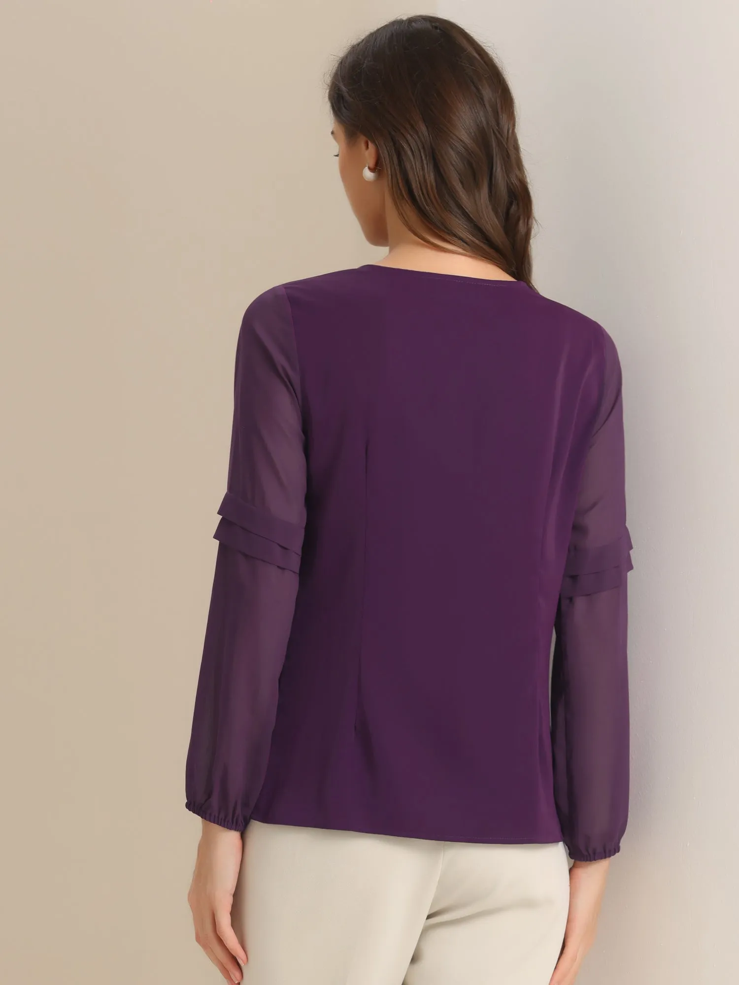 Chiffon Shirt Semi Sheer Keyhole Neck Elegant Blouse