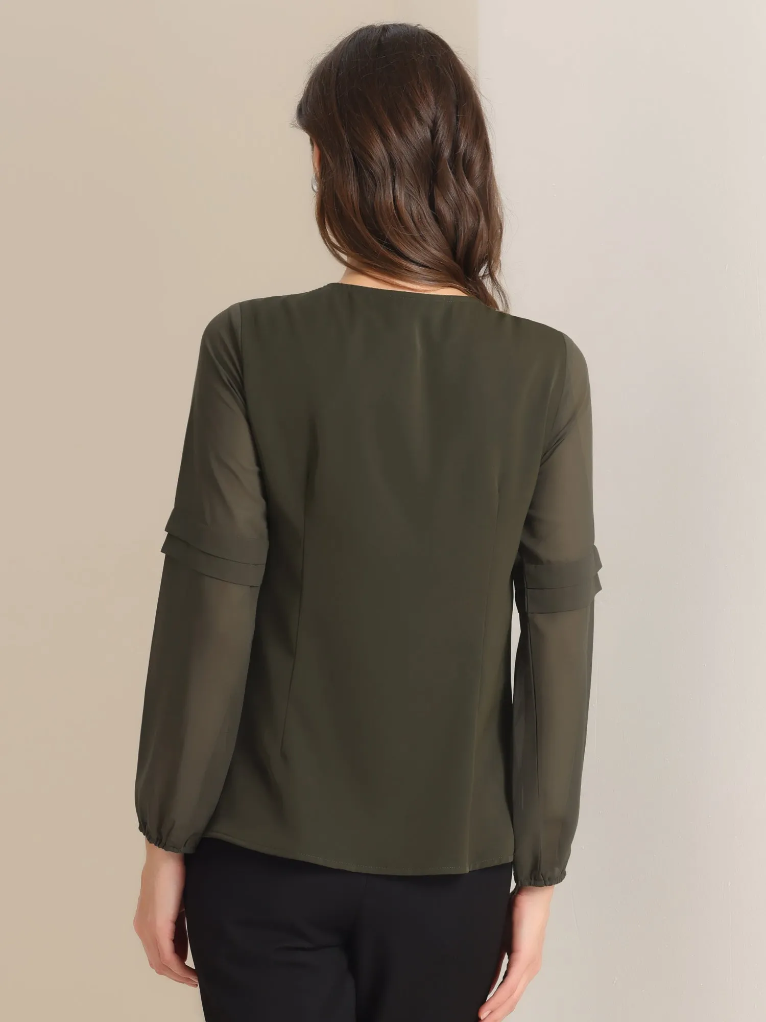Chiffon Shirt Semi Sheer Keyhole Neck Elegant Blouse