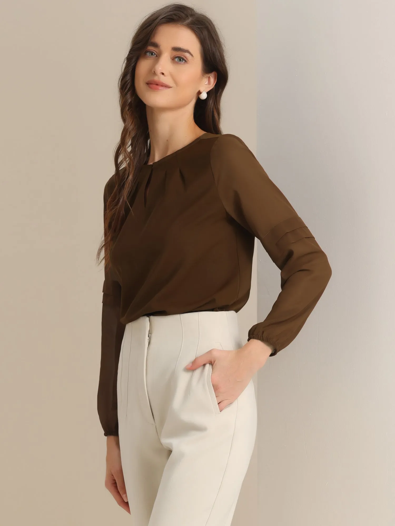 Chiffon Shirt Semi Sheer Keyhole Neck Elegant Blouse
