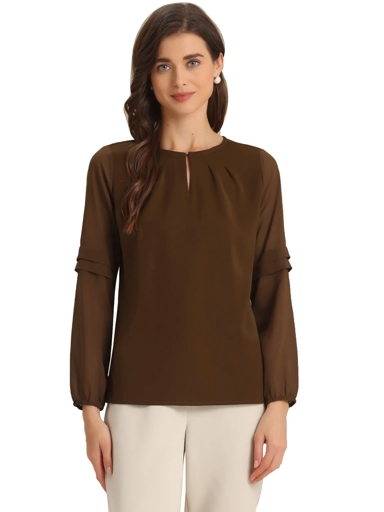 Chiffon Shirt Semi Sheer Keyhole Neck Elegant Blouse