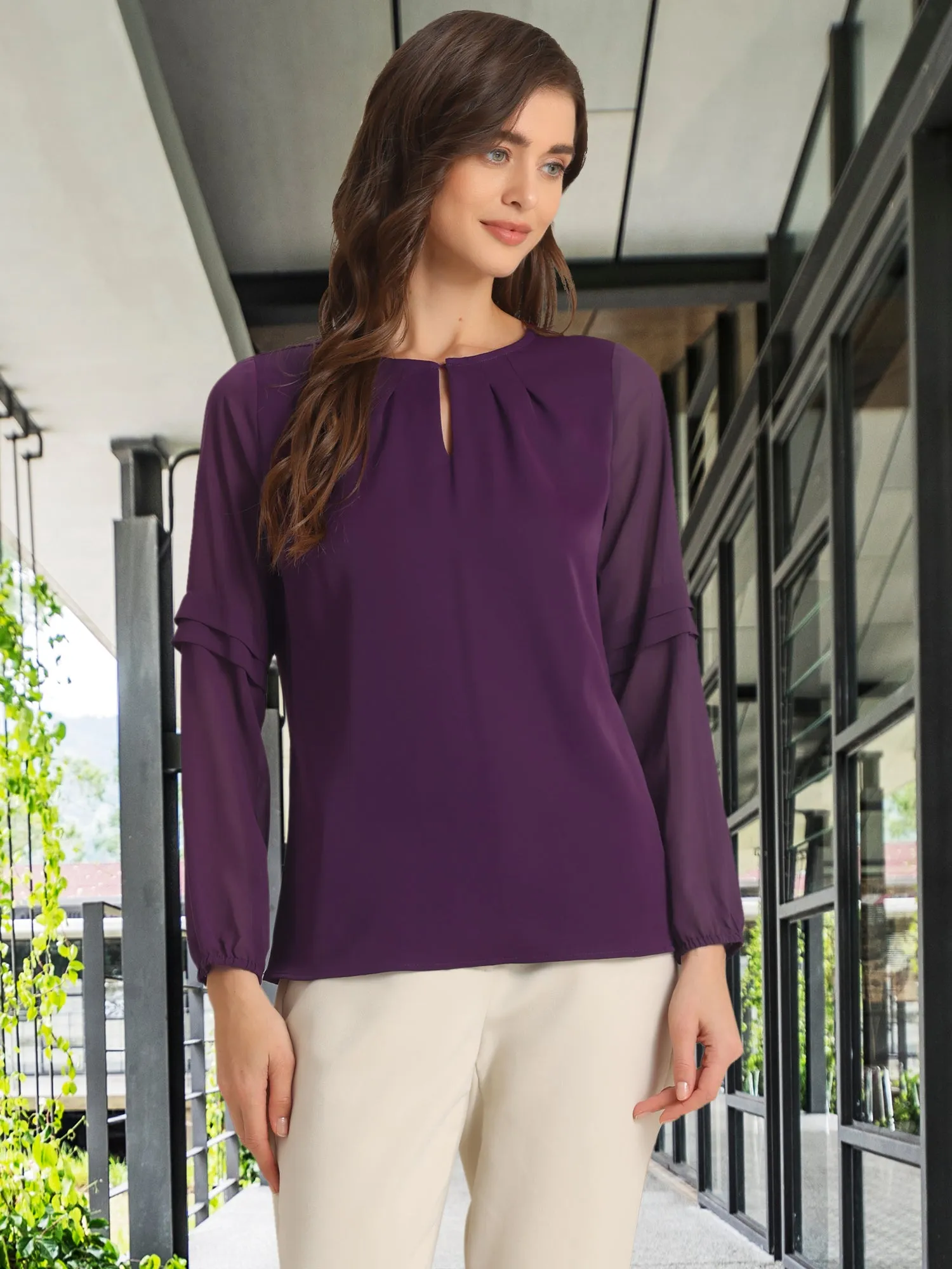Chiffon Shirt Semi Sheer Keyhole Neck Elegant Blouse