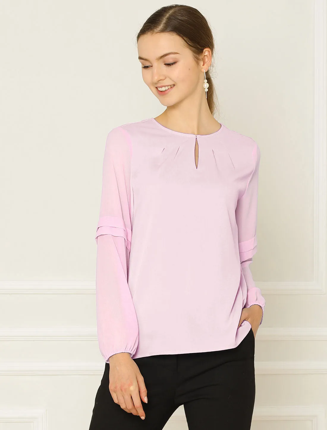 Chiffon Shirt Semi Sheer Keyhole Neck Elegant Blouse