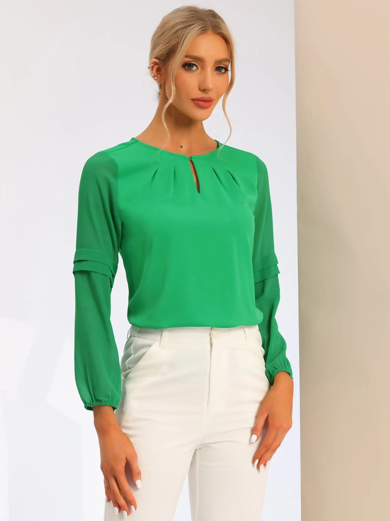 Chiffon Shirt Semi Sheer Keyhole Neck Elegant Blouse