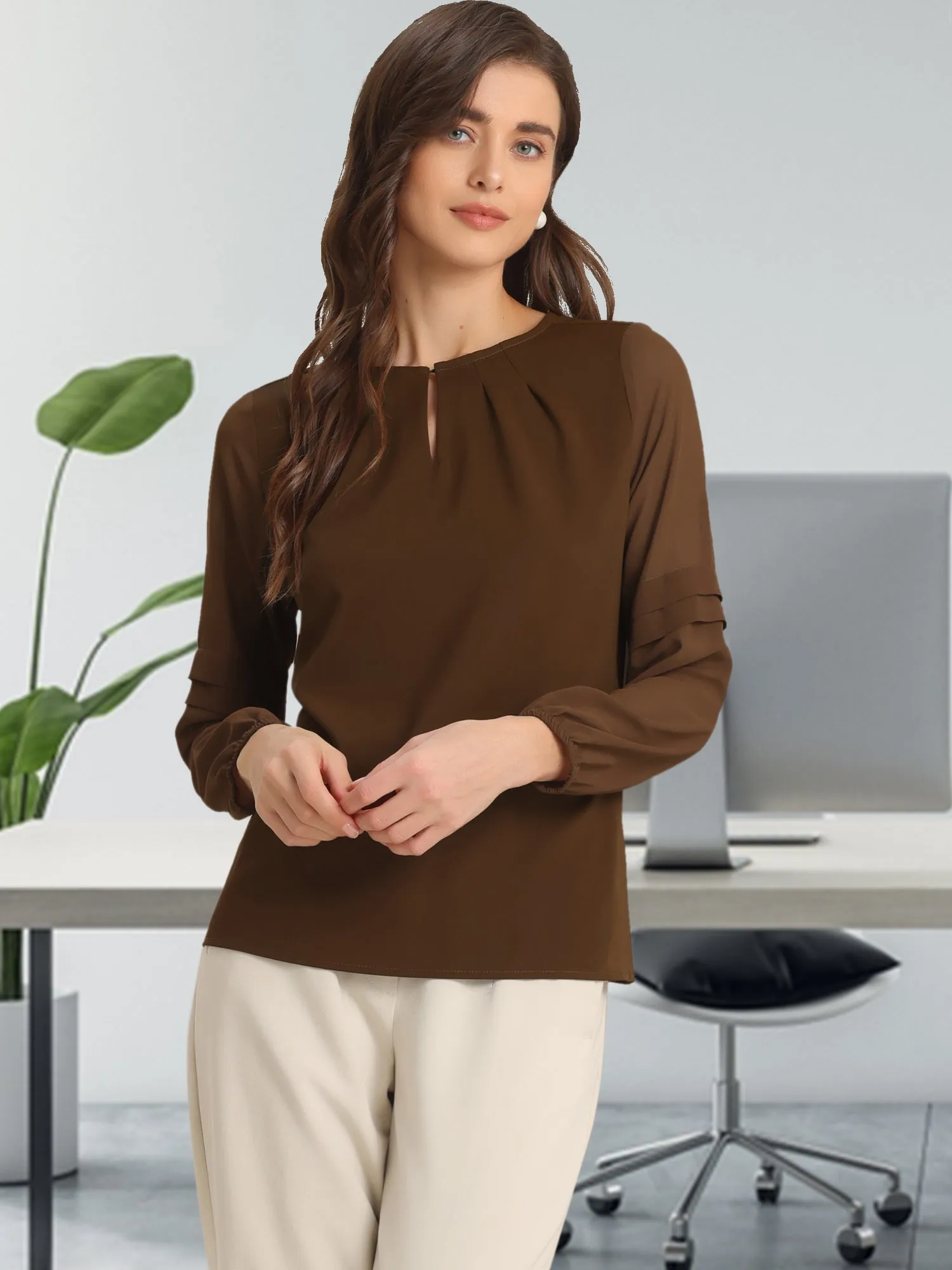 Chiffon Shirt Semi Sheer Keyhole Neck Elegant Blouse