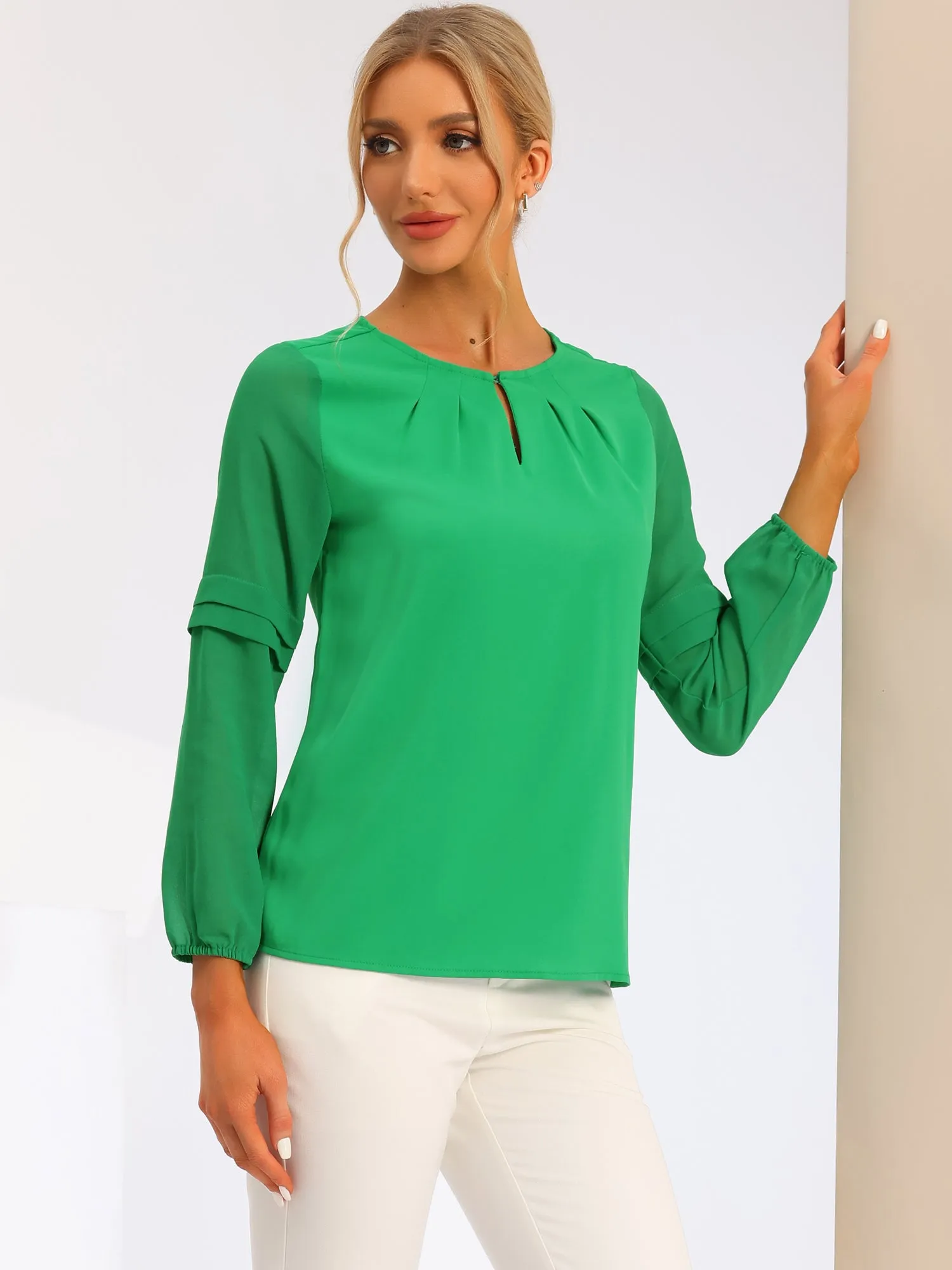 Chiffon Shirt Semi Sheer Keyhole Neck Elegant Blouse
