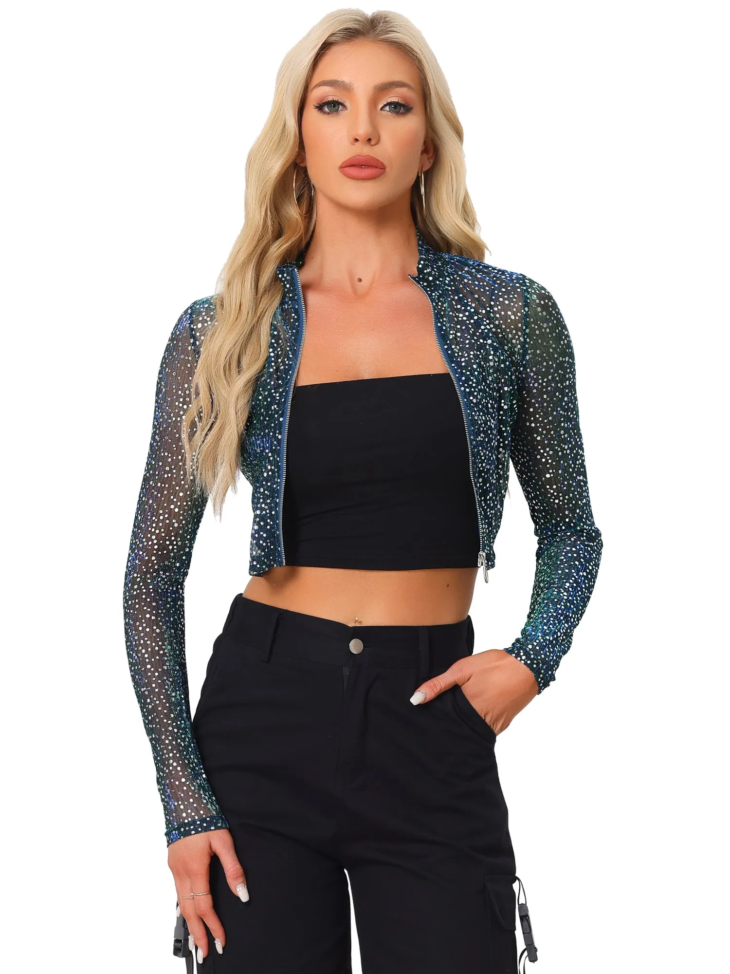 Christmas Sheer Top Glitter Stand Collar Zip Up Cropped Jacket