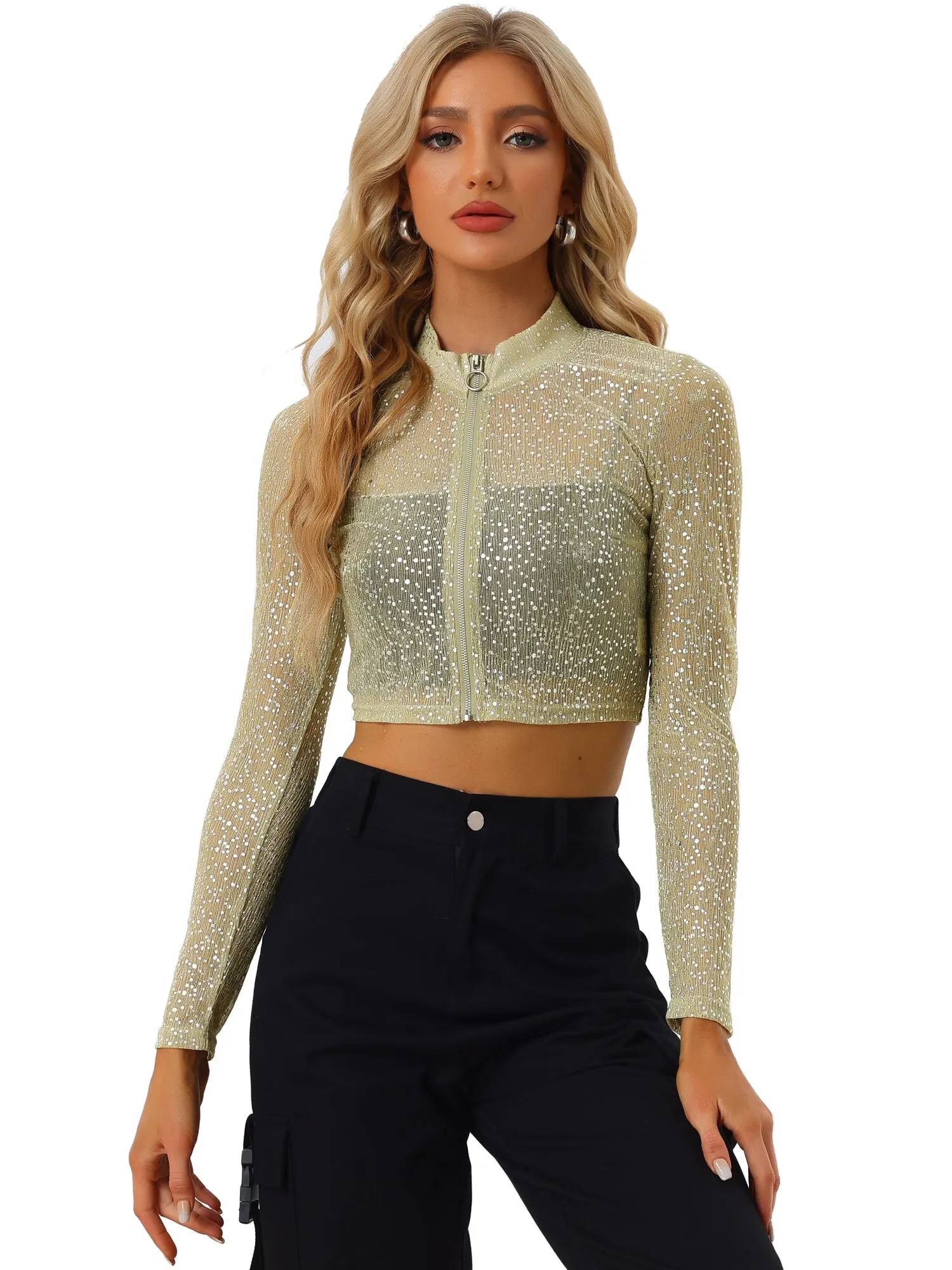 Christmas Sheer Top Glitter Stand Collar Zip Up Cropped Jacket