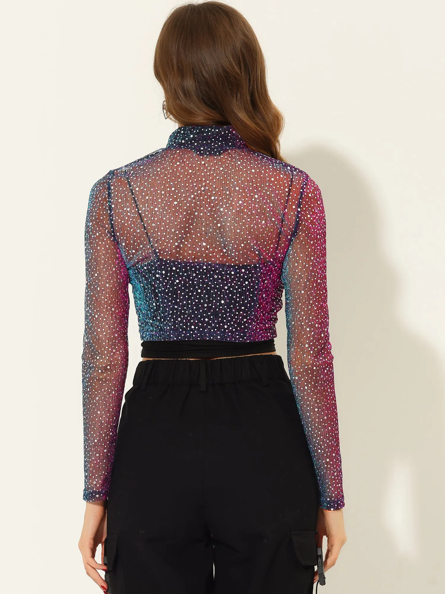 Christmas Sheer Top Glitter Stand Collar Zip Up Cropped Jacket