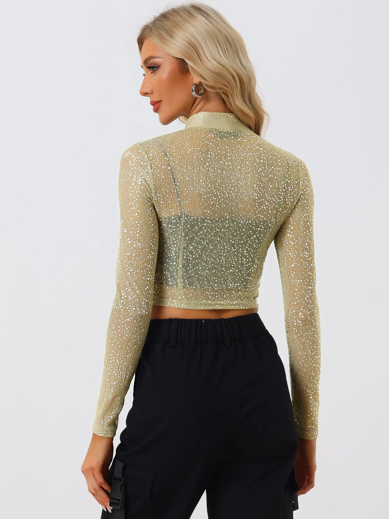 Christmas Sheer Top Glitter Stand Collar Zip Up Cropped Jacket