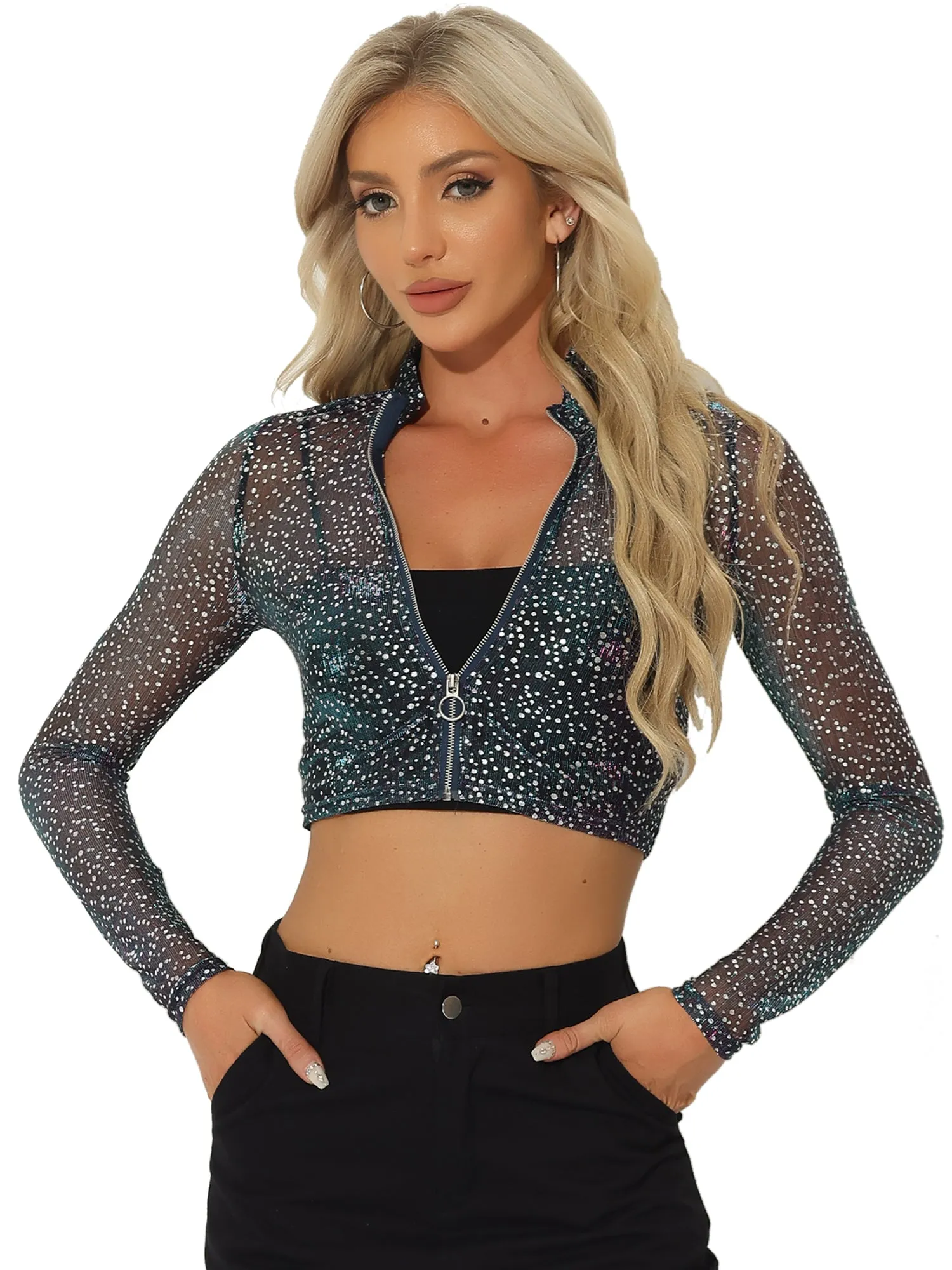 Christmas Sheer Top Glitter Stand Collar Zip Up Cropped Jacket