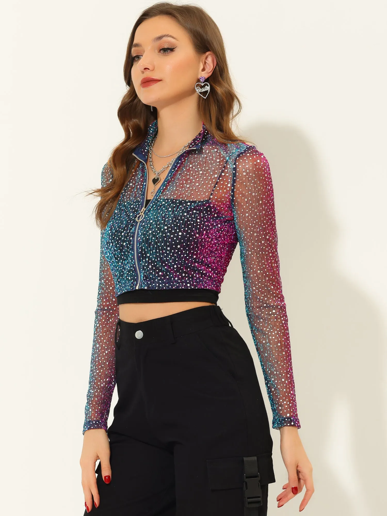Christmas Sheer Top Glitter Stand Collar Zip Up Cropped Jacket