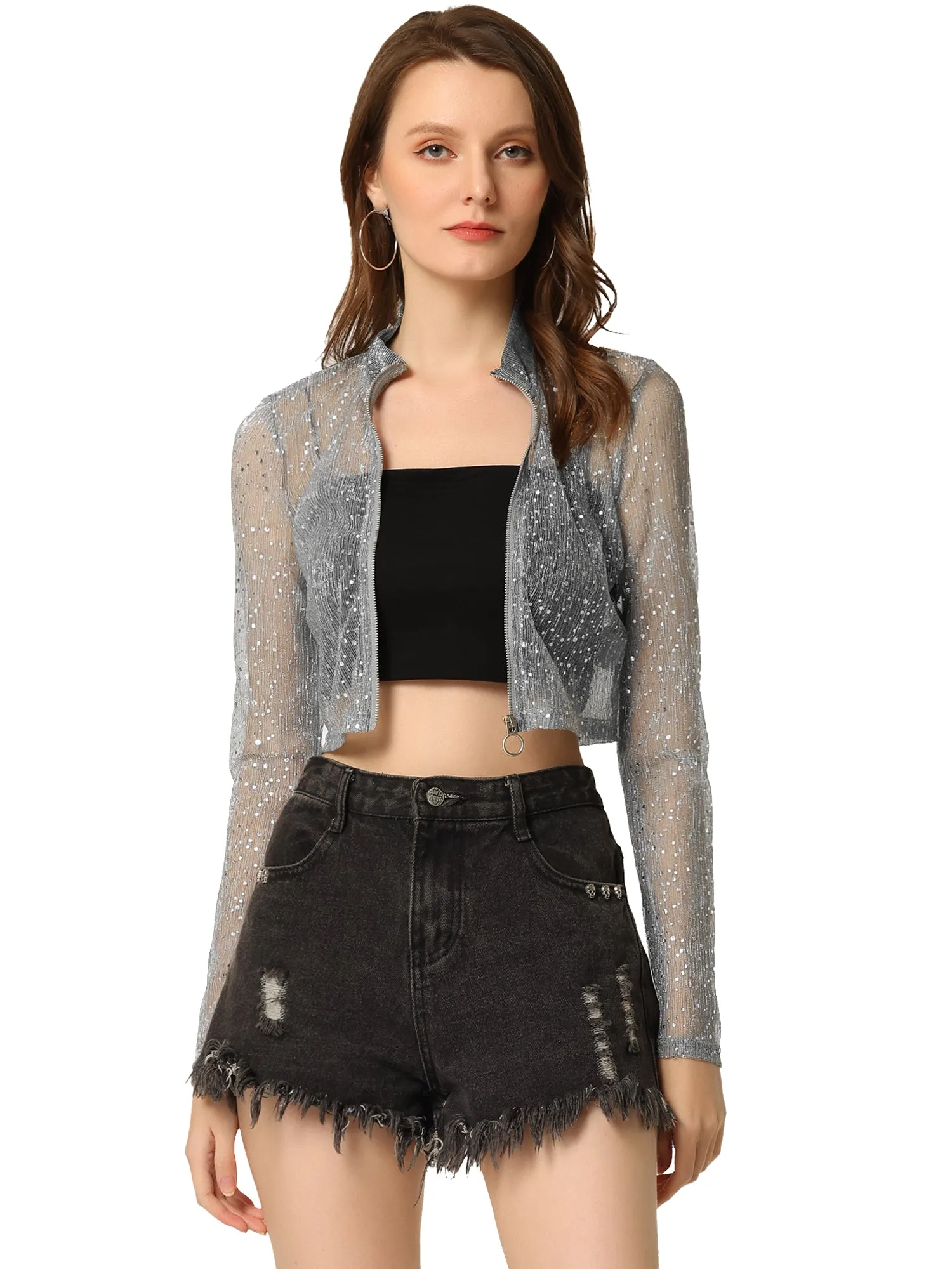 Christmas Sheer Top Glitter Stand Collar Zip Up Cropped Jacket