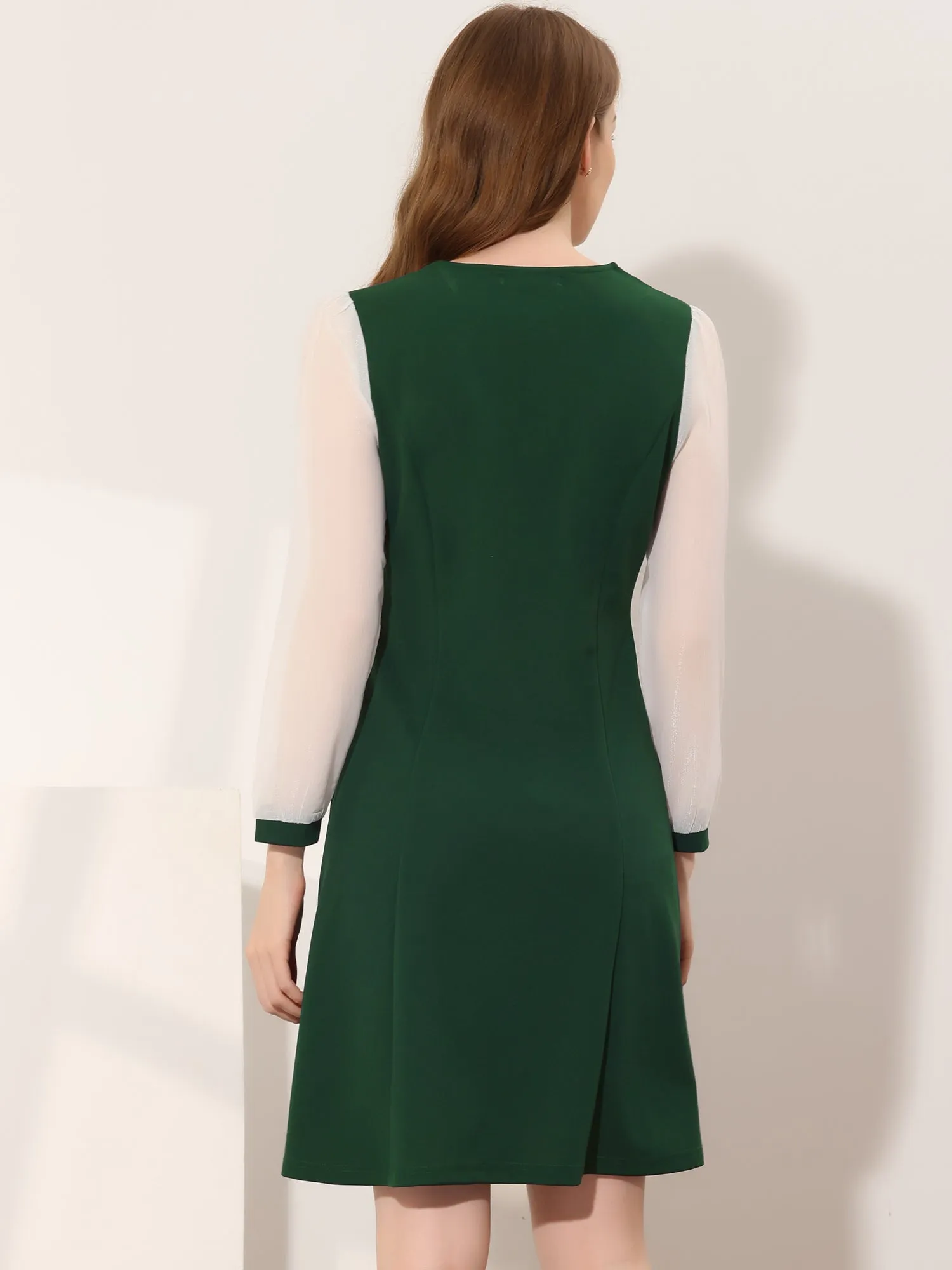 Contrast Collar Bow Tie A-Line Long Sleeve Elegant Button Decor Dress
