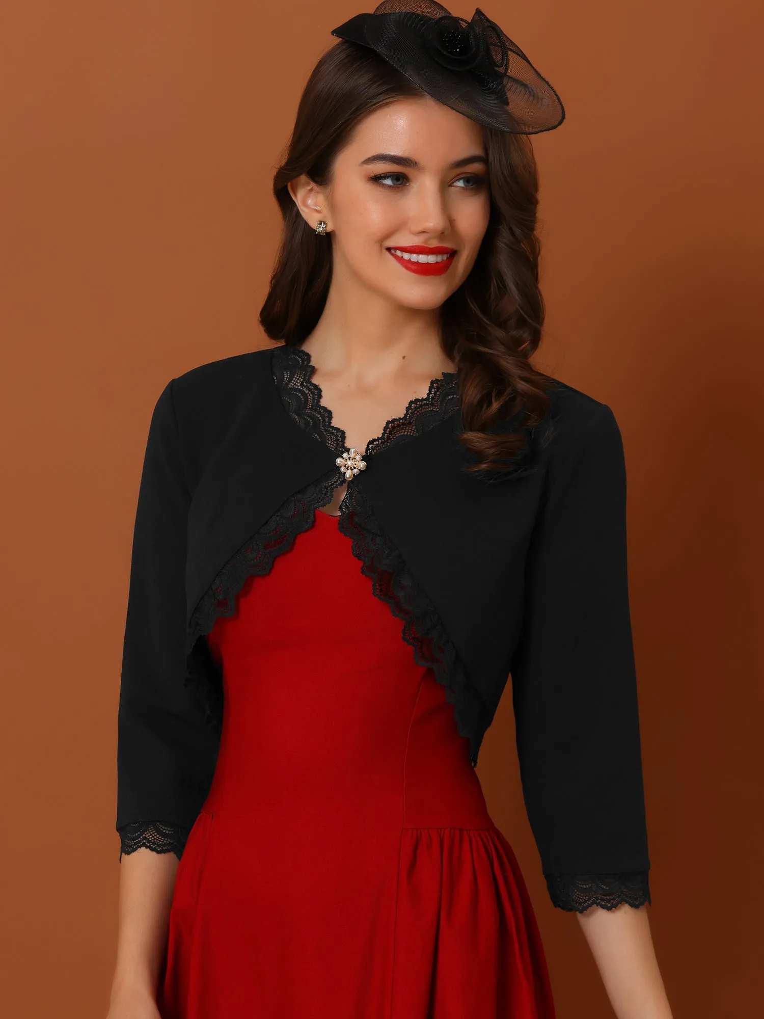 Elegant 3/4 Sleeve Cropped Shrug Lace Trim Bolero Cardigan