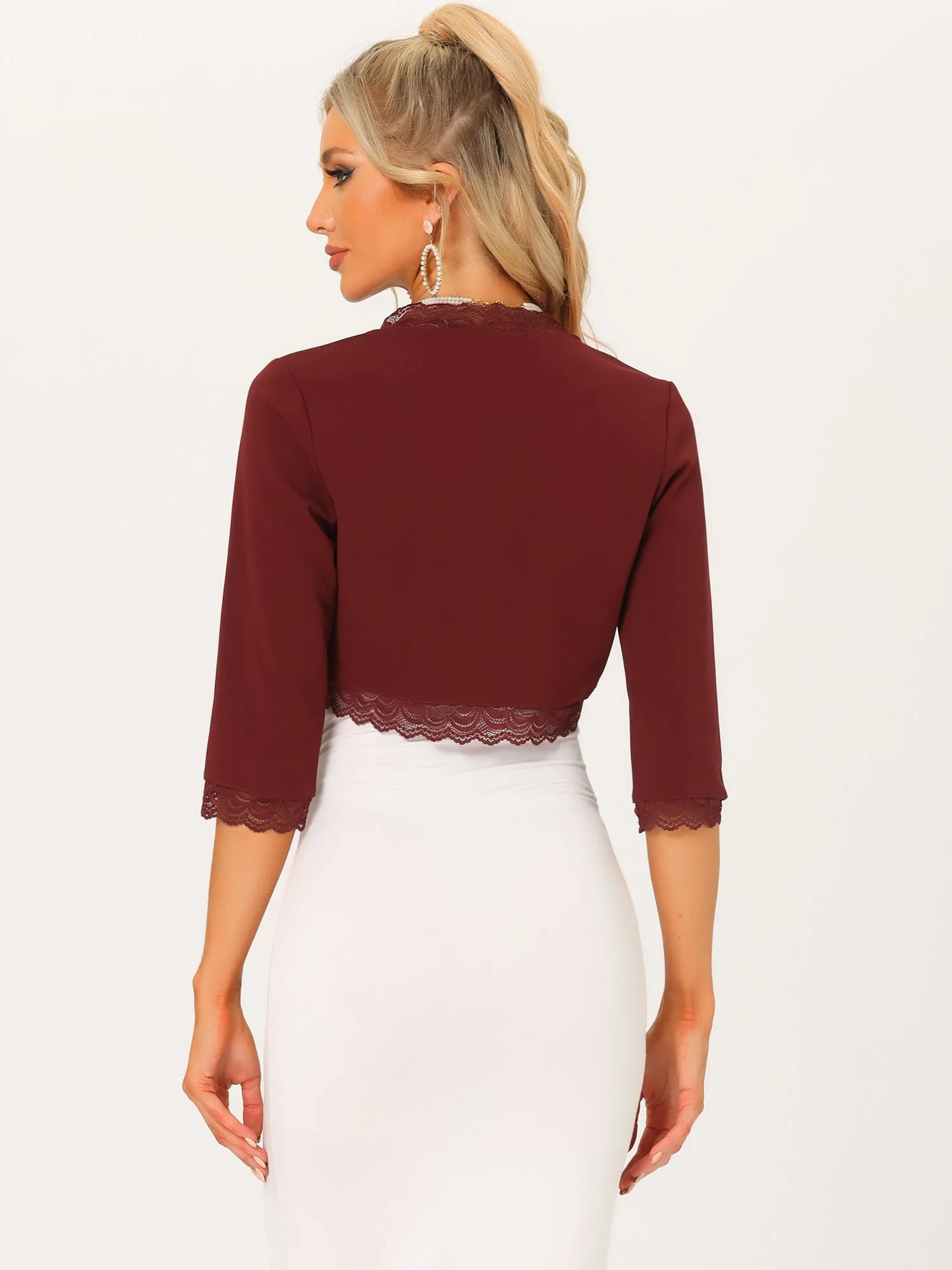 Elegant 3/4 Sleeve Cropped Shrug Lace Trim Bolero Cardigan