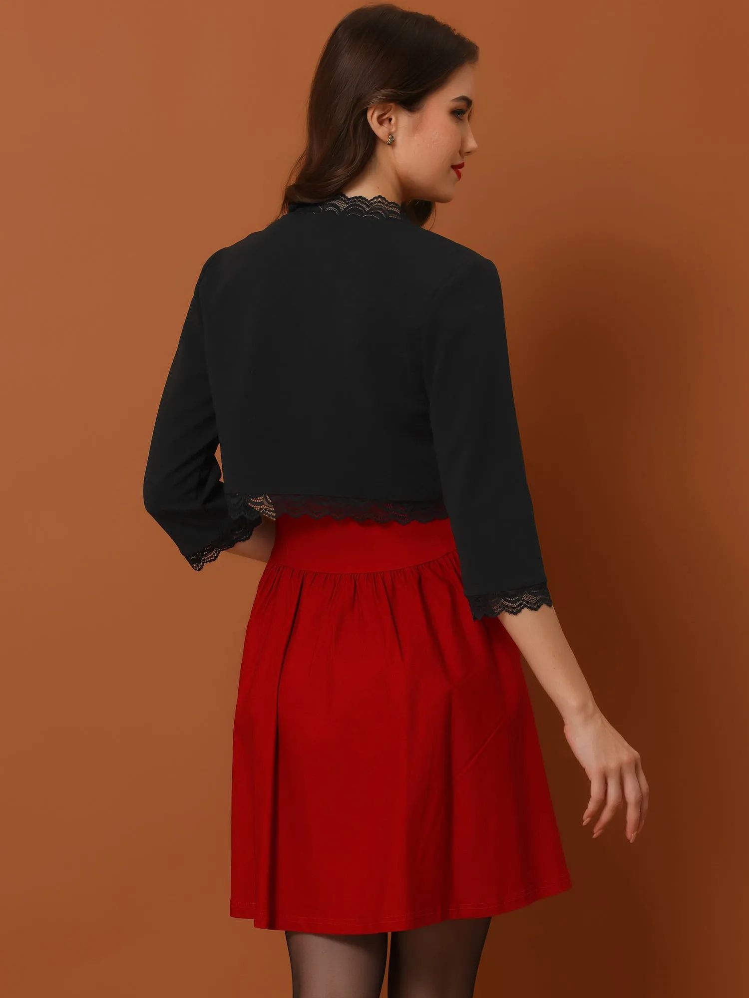 Elegant 3/4 Sleeve Cropped Shrug Lace Trim Bolero Cardigan