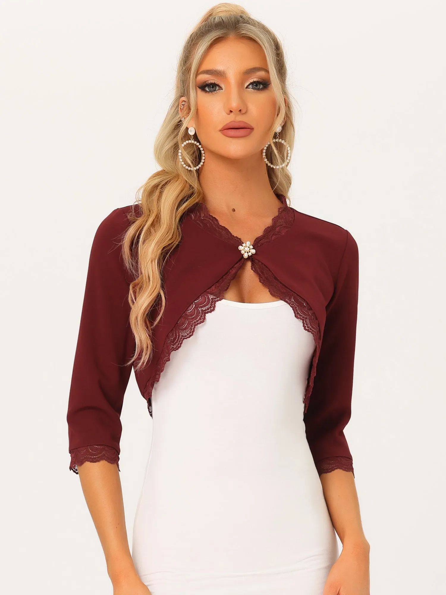 Elegant 3/4 Sleeve Cropped Shrug Lace Trim Bolero Cardigan
