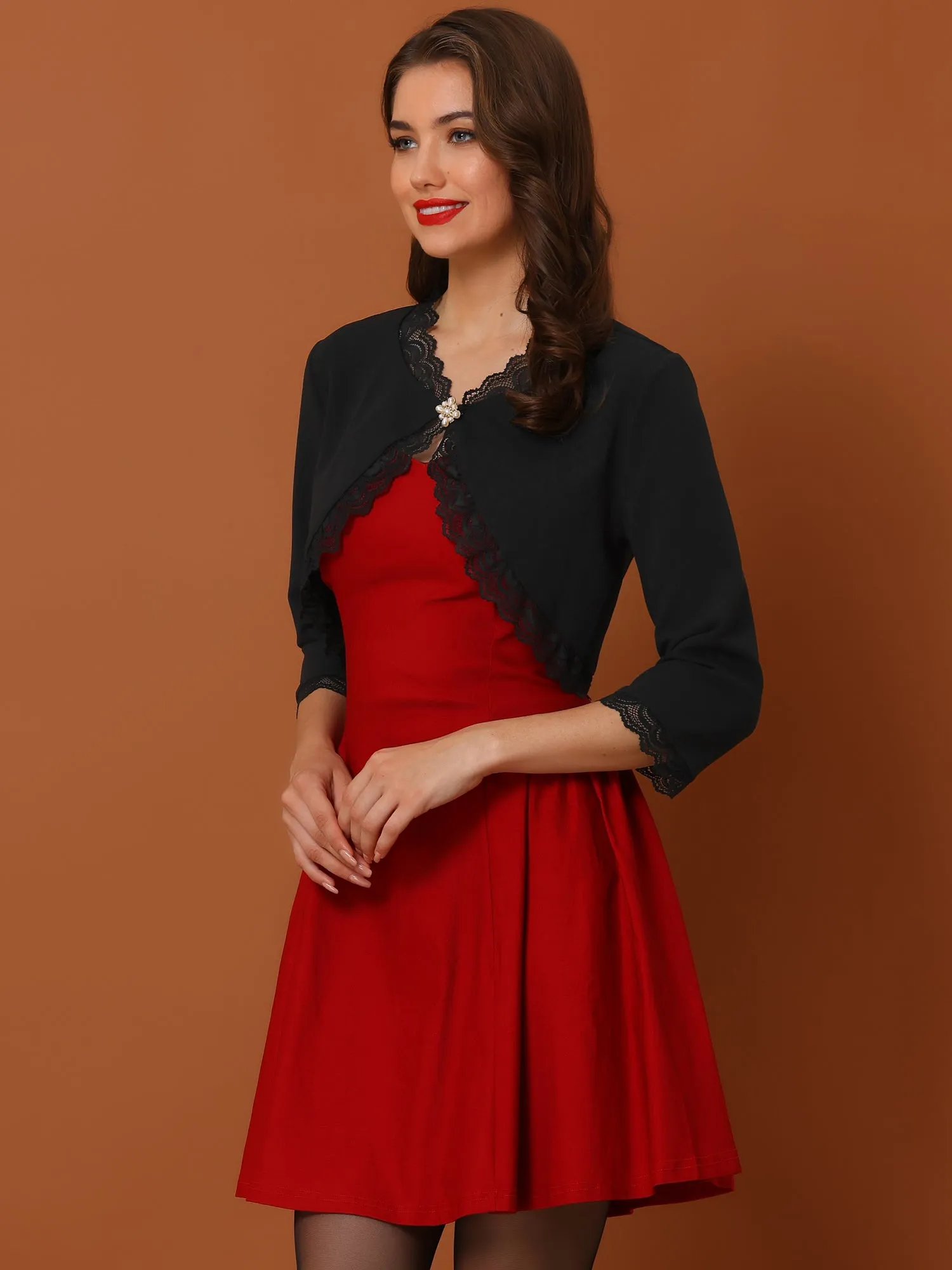 Elegant 3/4 Sleeve Cropped Shrug Lace Trim Bolero Cardigan