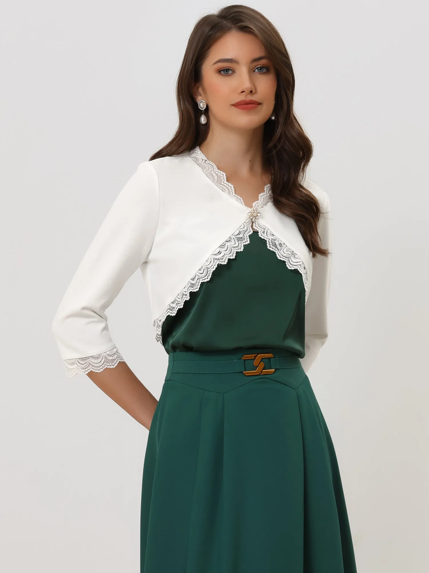 Elegant 3/4 Sleeve Cropped Shrug Lace Trim Bolero Cardigan