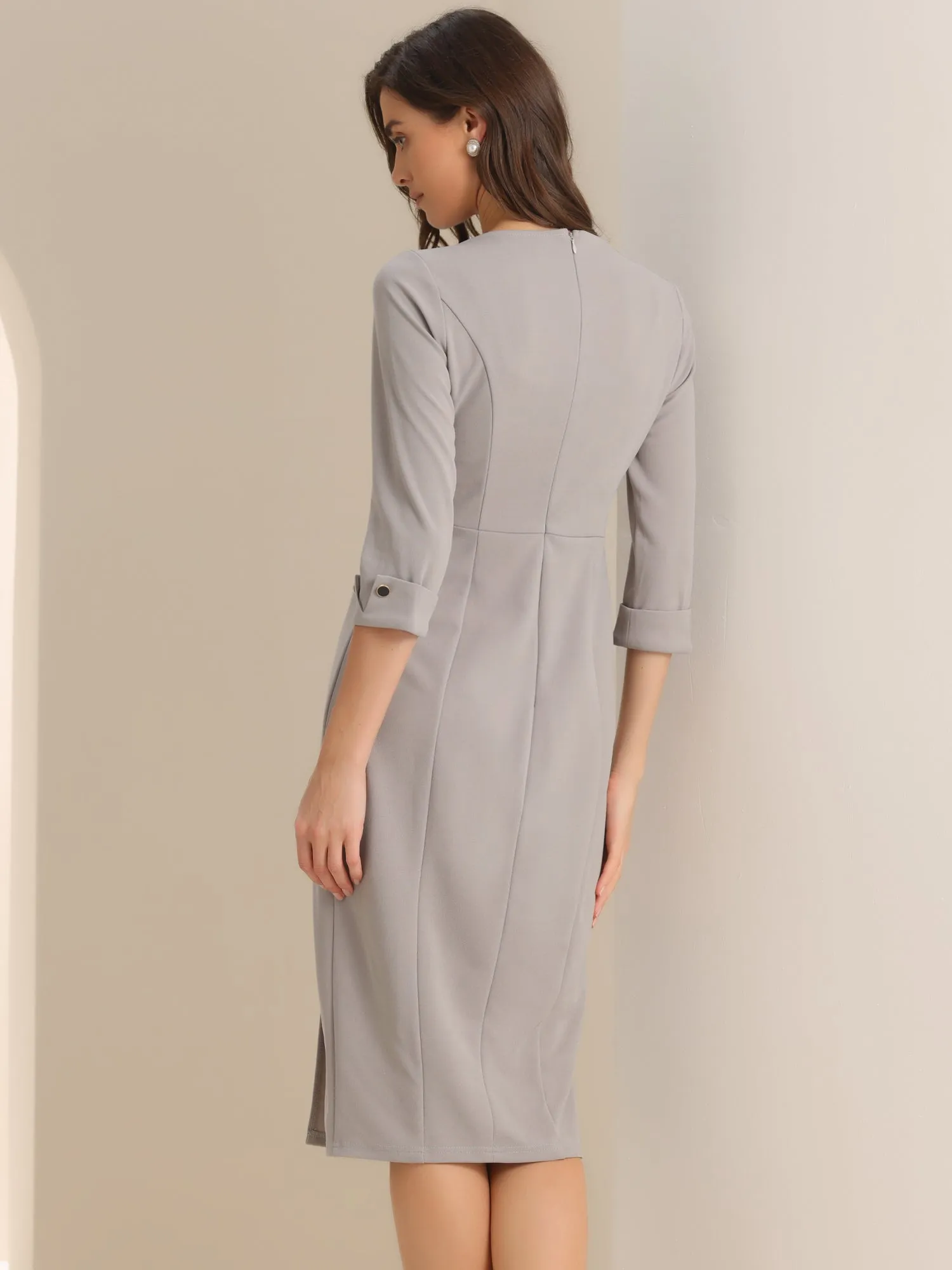 Elegant Boat Neck 3/4 Sleeves Work Midi Split Sheath Dress
